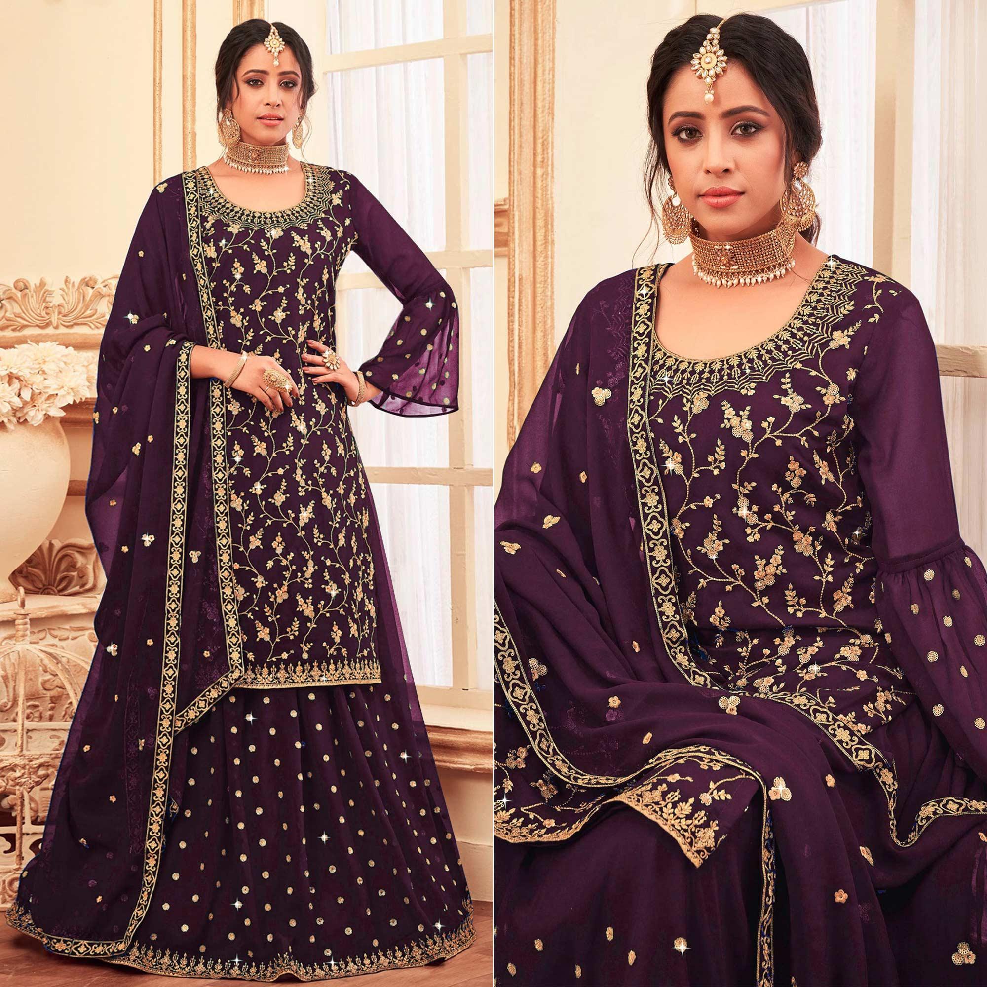 Purple Embroidered With Embellished Georgette Sharara Suit - Peachmode