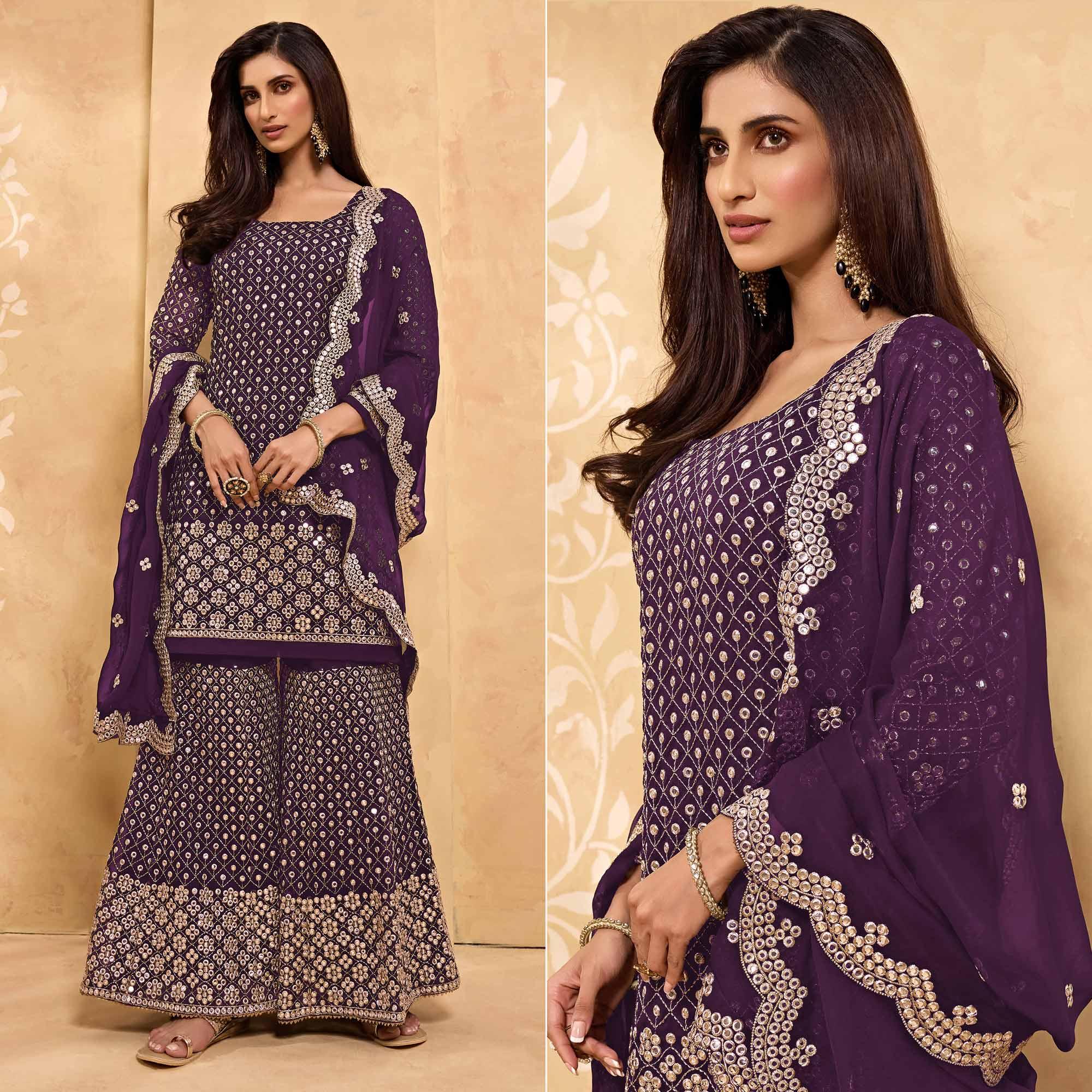 Purple Embroidered With Embellished Georgette Sharara Suit - Peachmode