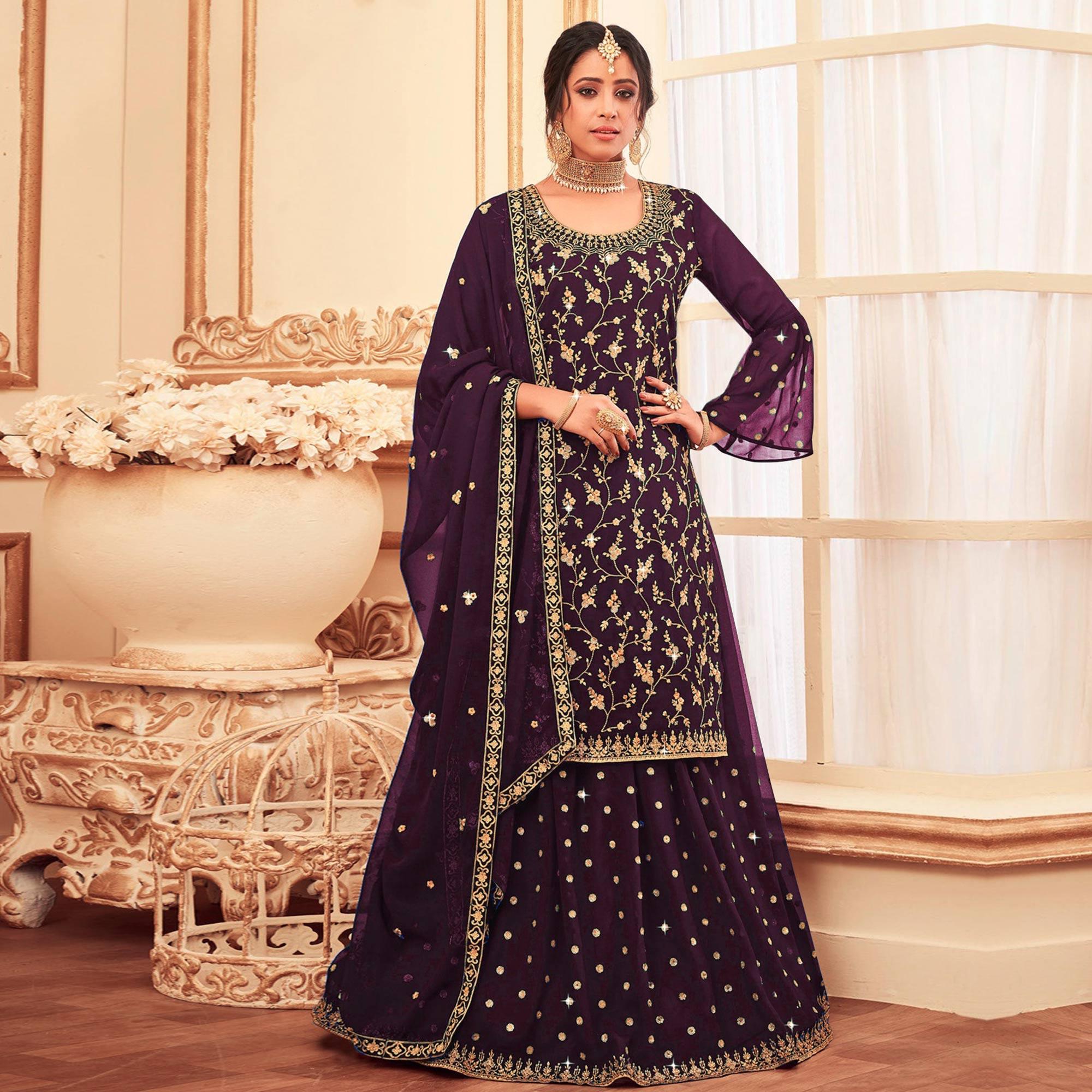 Purple Embroidered With Embellished Georgette Sharara Suit - Peachmode