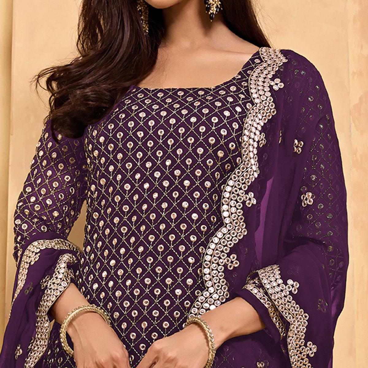 Purple Embroidered With Embellished Georgette Sharara Suit - Peachmode