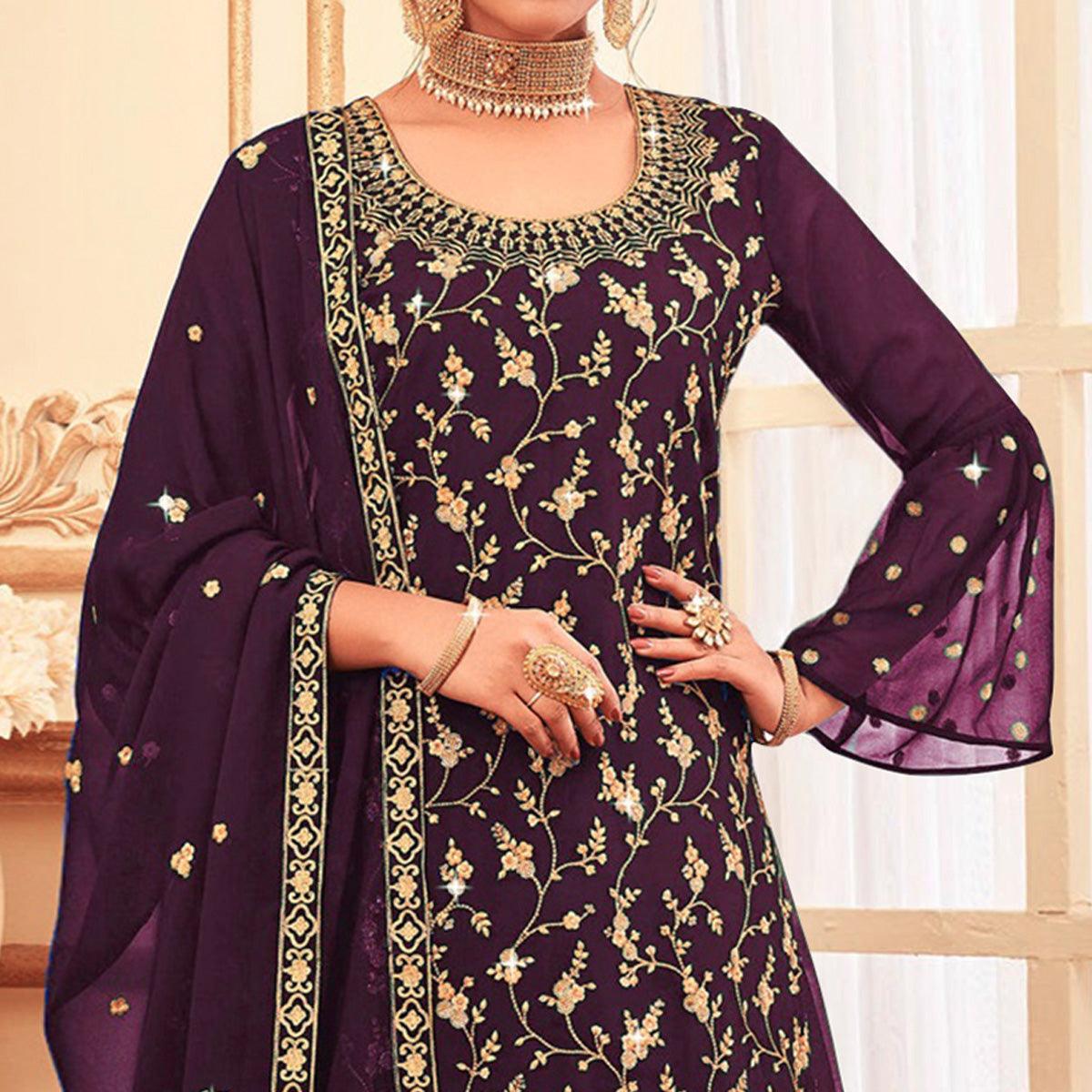 Purple Embroidered With Embellished Georgette Sharara Suit - Peachmode