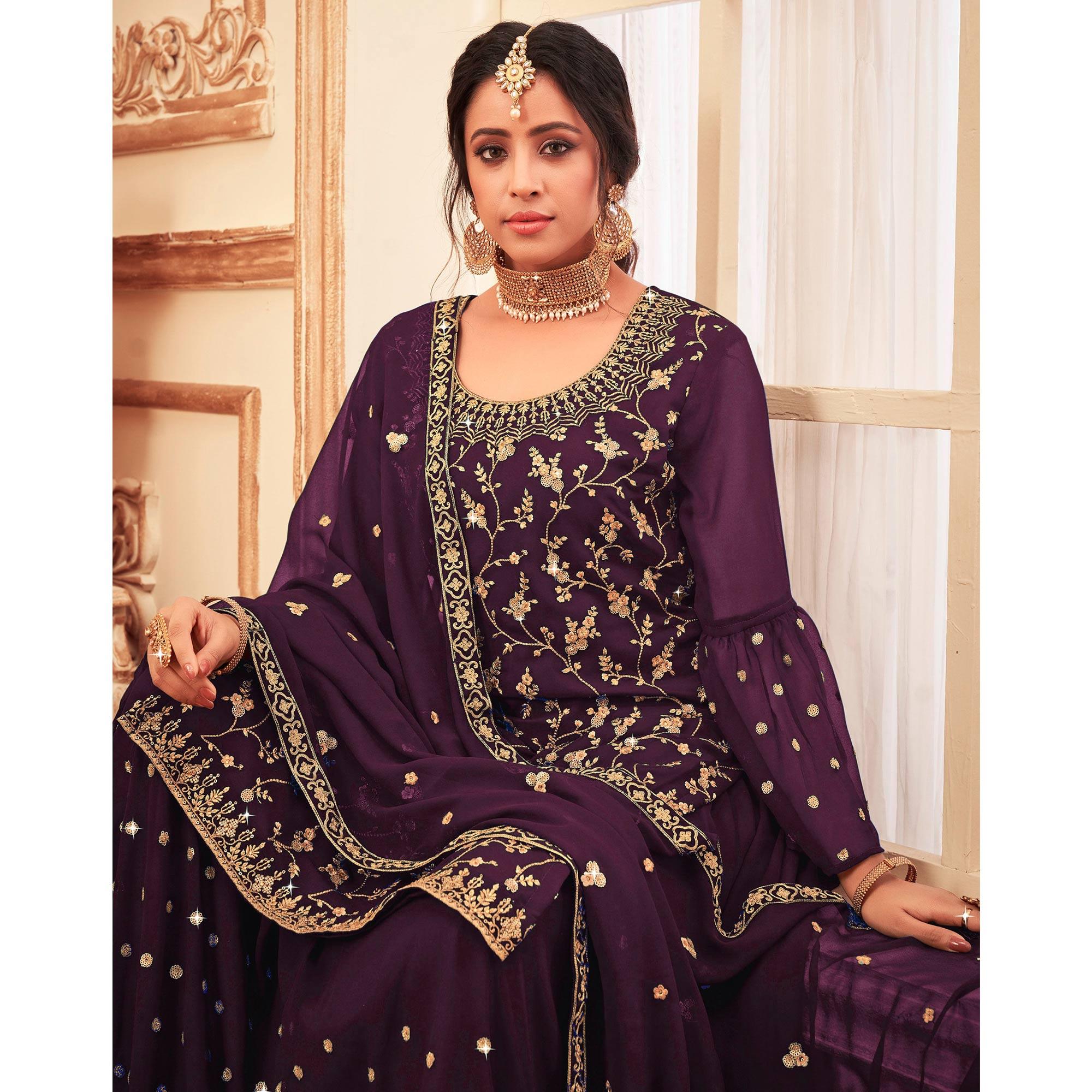 Purple Embroidered With Embellished Georgette Sharara Suit - Peachmode