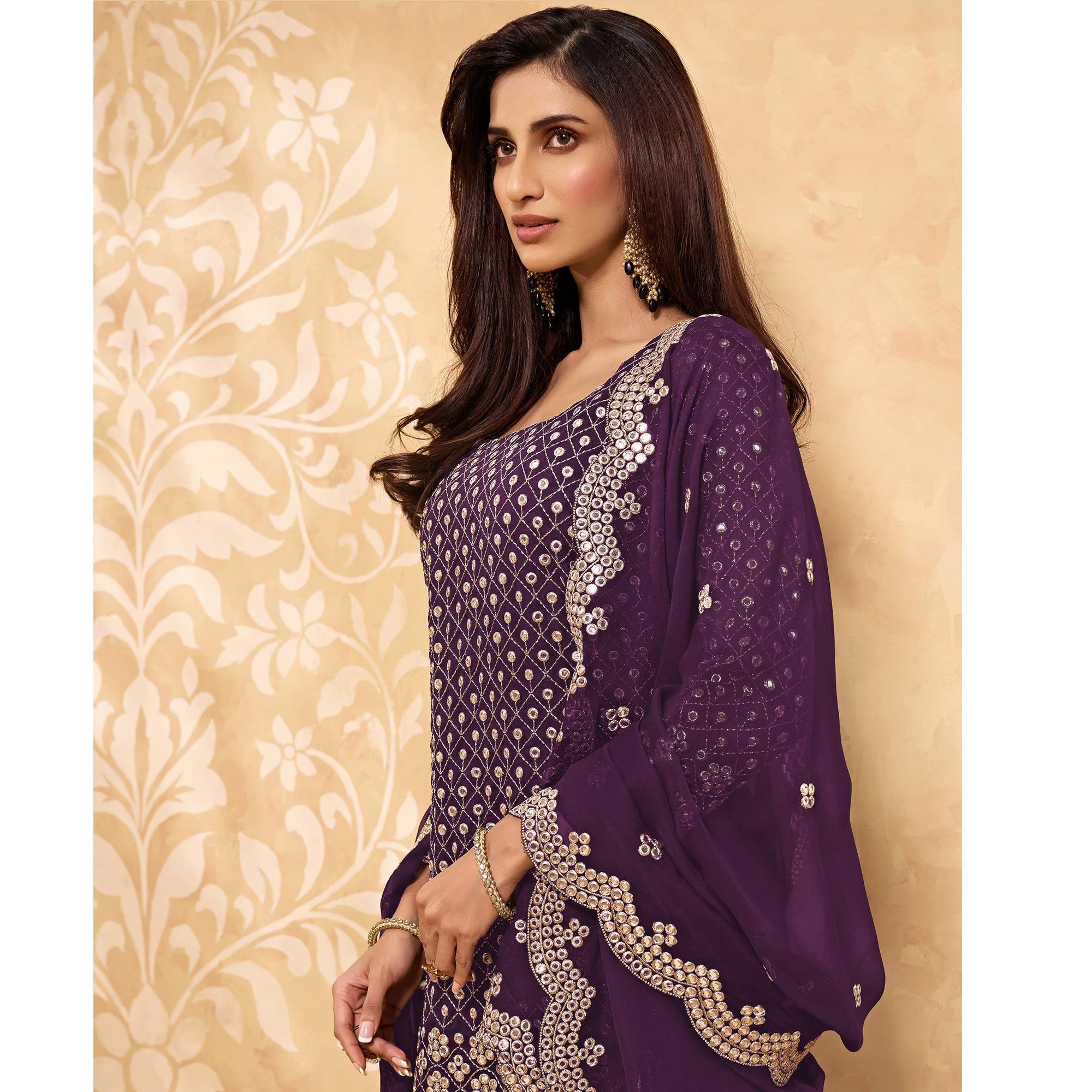 Purple Embroidered With Embellished Georgette Sharara Suit - Peachmode