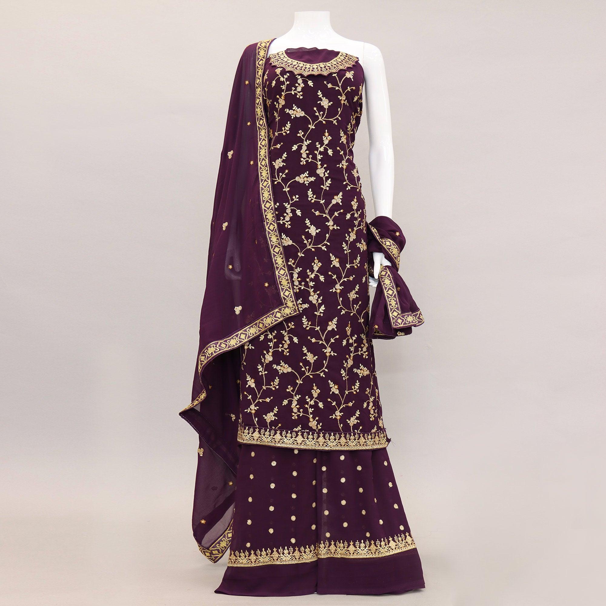 Purple Embroidered With Embellished Georgette Sharara Suit - Peachmode