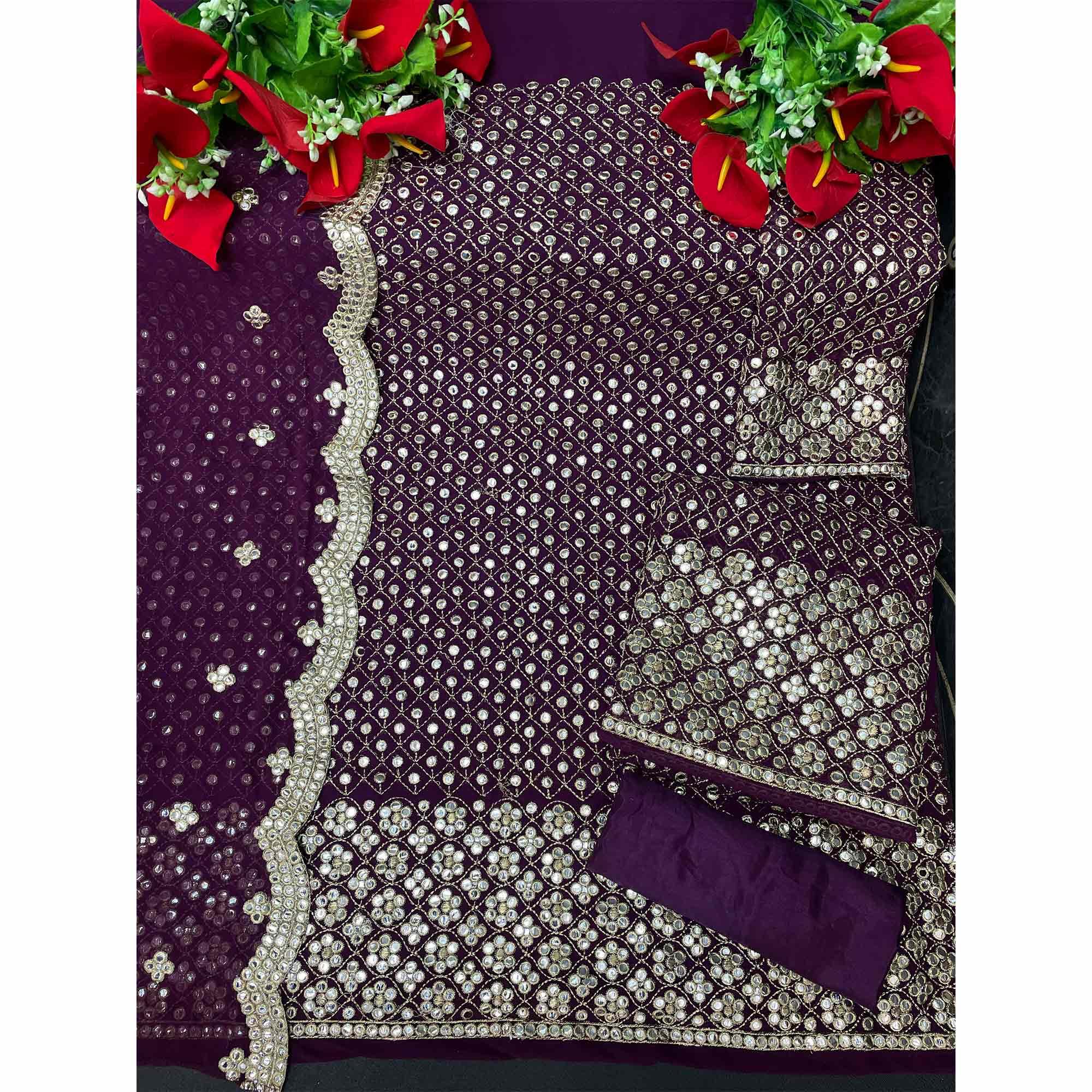 Purple Embroidered With Embellished Georgette Sharara Suit - Peachmode