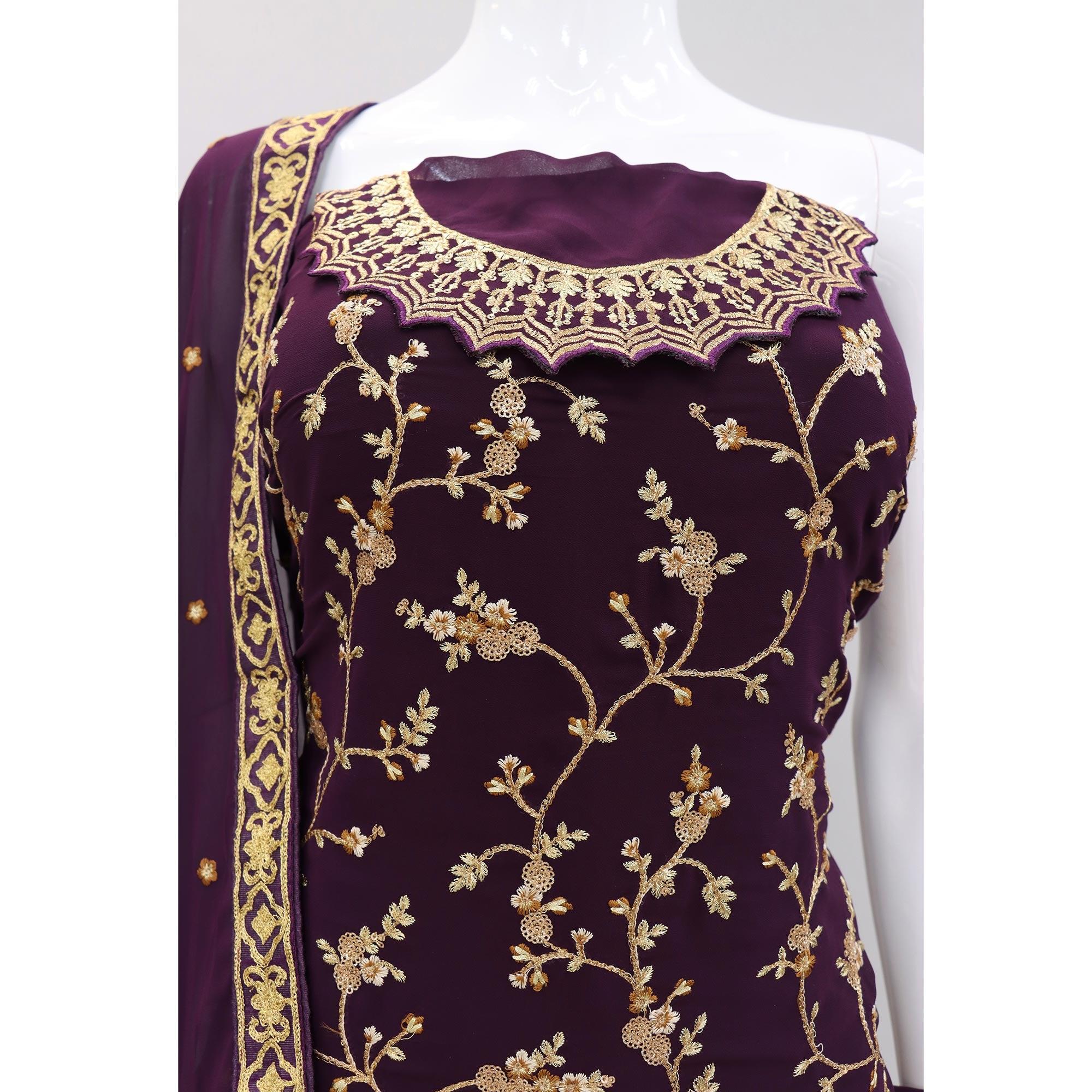 Purple Embroidered With Embellished Georgette Sharara Suit - Peachmode