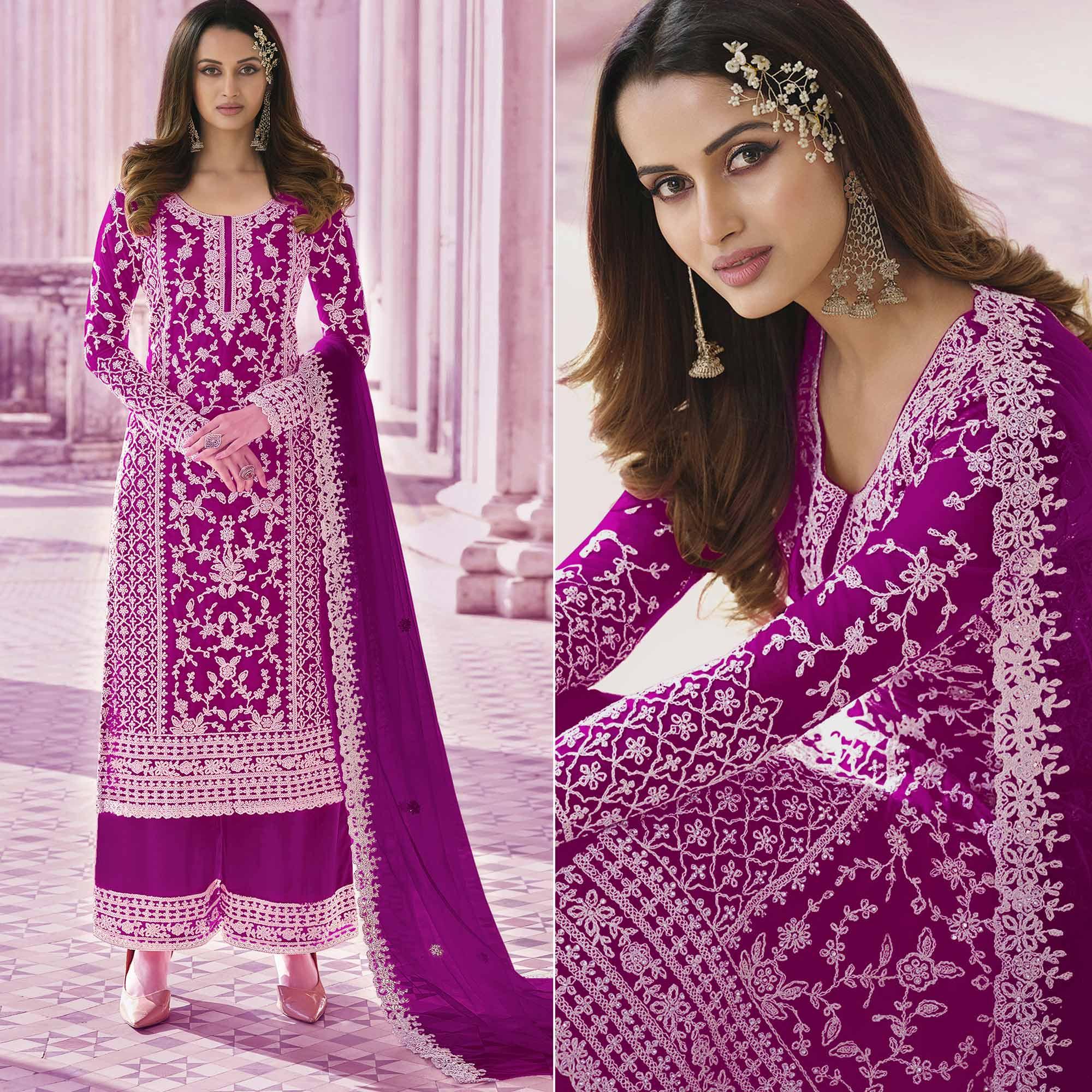 Purple Embroidered With Embellished Net Palazzo Suit - Peachmode