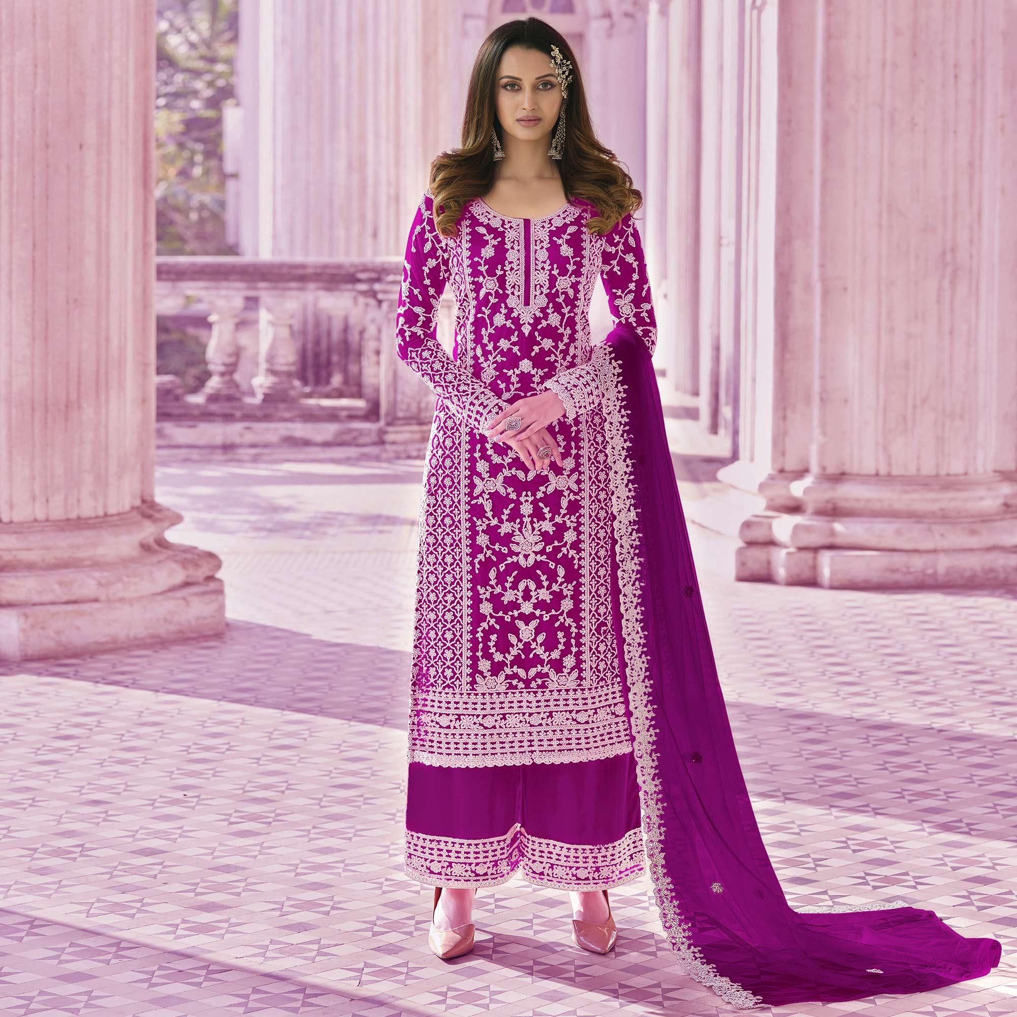 Purple Embroidered With Embellished Net Palazzo Suit - Peachmode