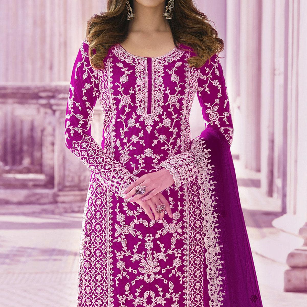 Purple Embroidered With Embellished Net Palazzo Suit - Peachmode