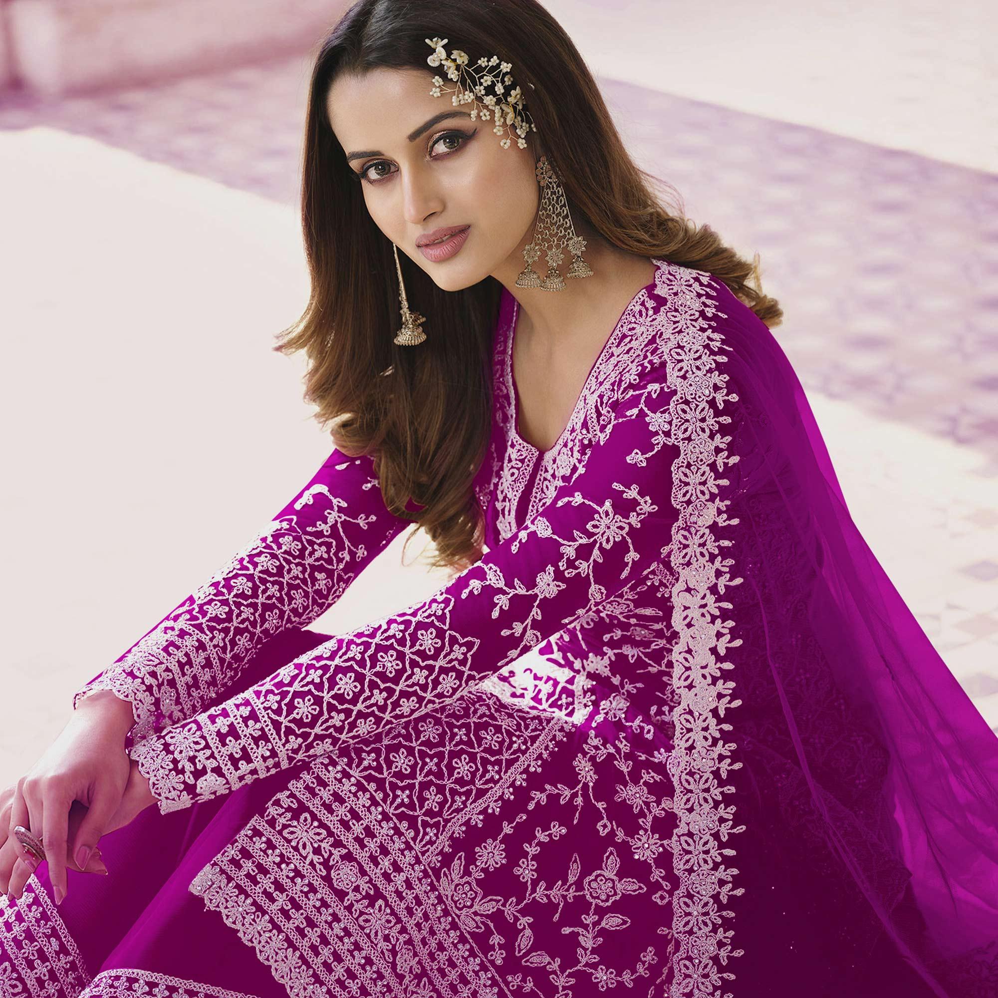 Purple Embroidered With Embellished Net Palazzo Suit - Peachmode