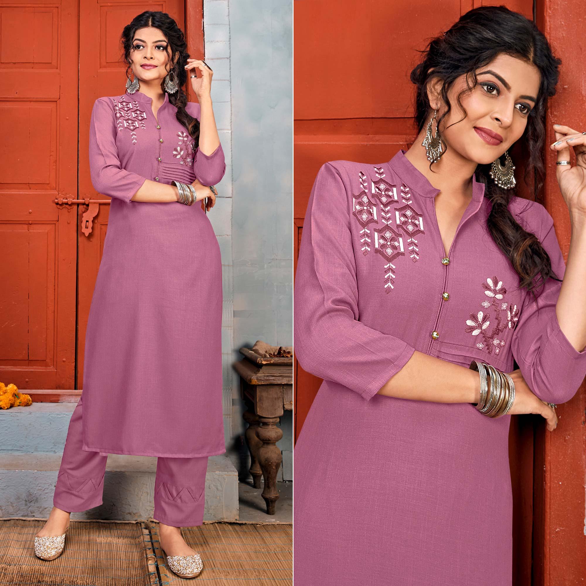 Purple Embroidered With Embellished Rayon Kurti Pant Set - Peachmode