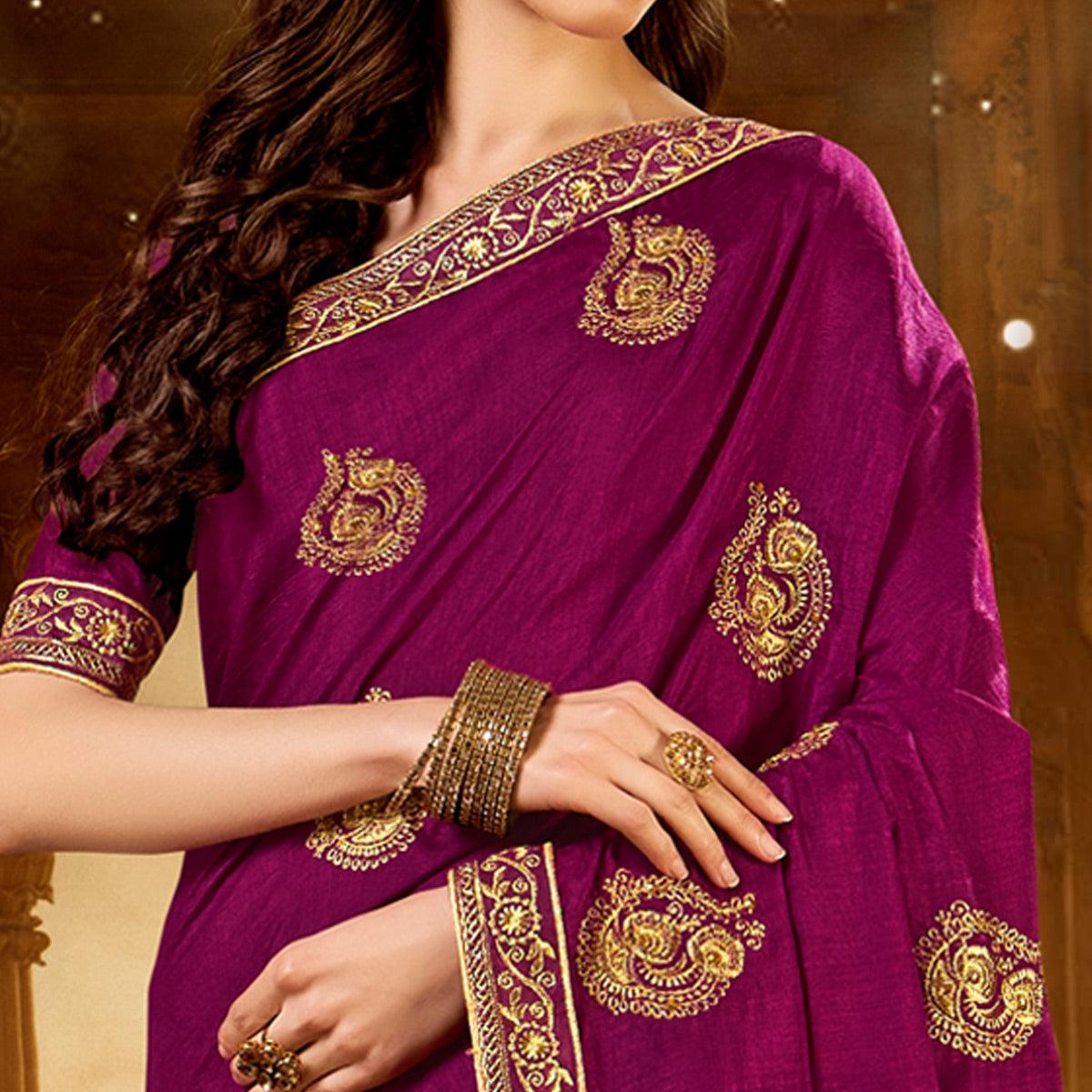 Purple Embroidered With Embellished Vichitra Silk Saree - Peachmode
