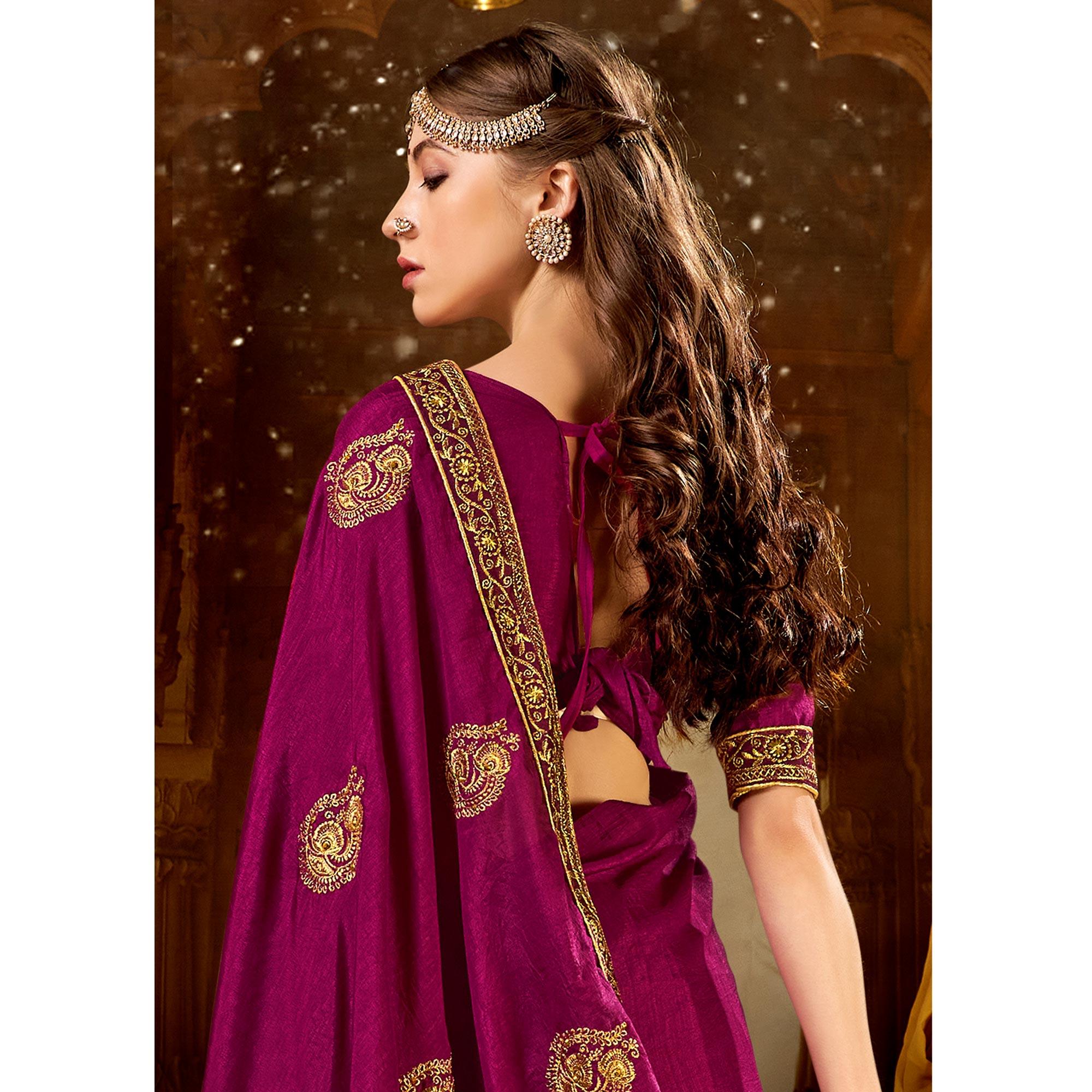 Purple Embroidered With Embellished Vichitra Silk Saree - Peachmode