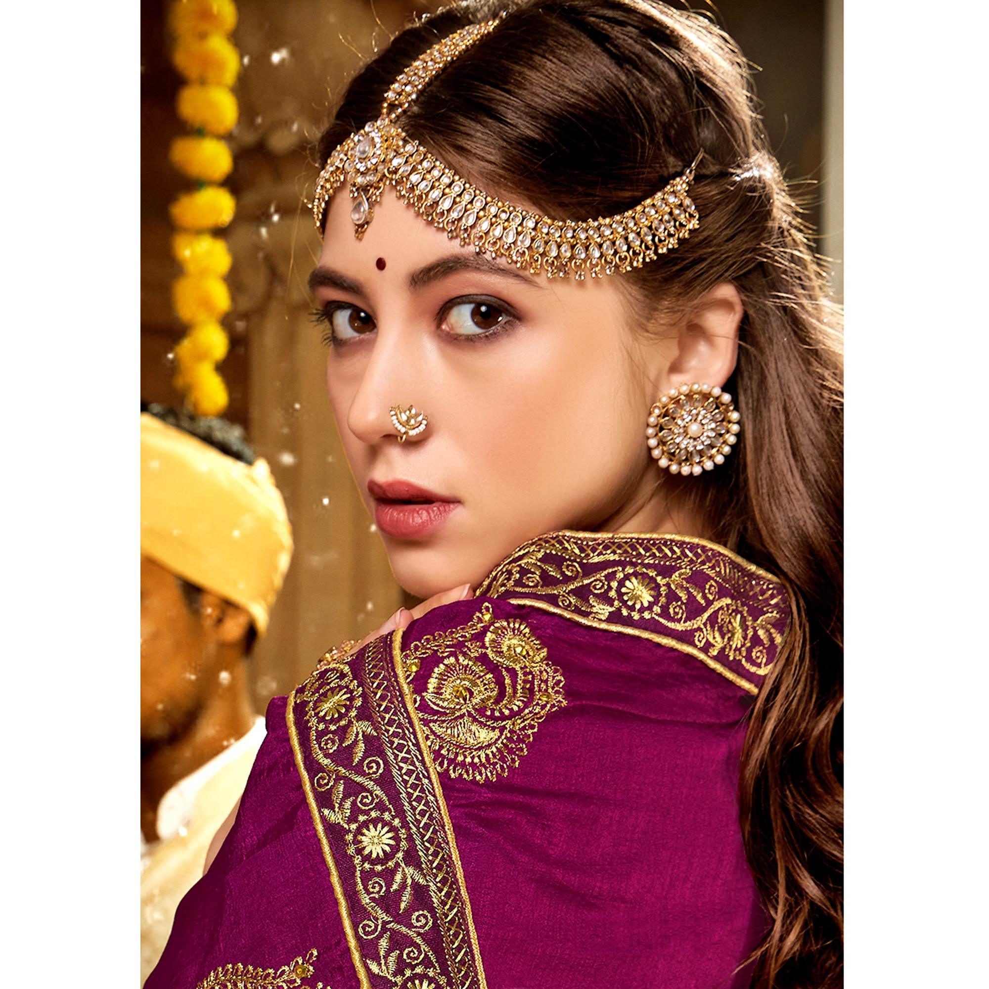 Purple Embroidered With Embellished Vichitra Silk Saree - Peachmode