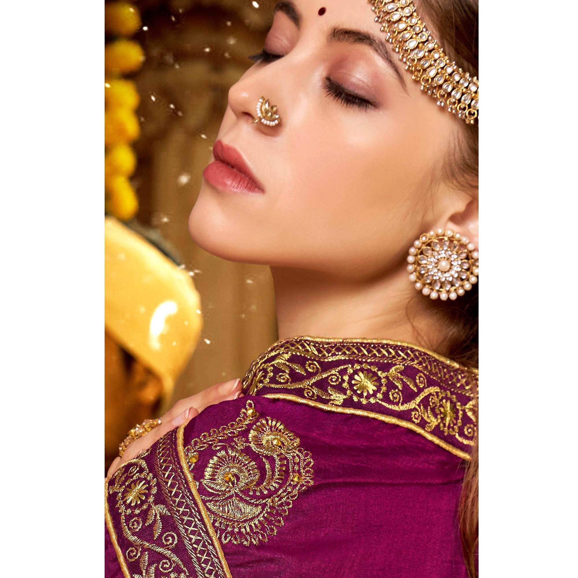 Purple Embroidered With Embellished Vichitra Silk Saree - Peachmode