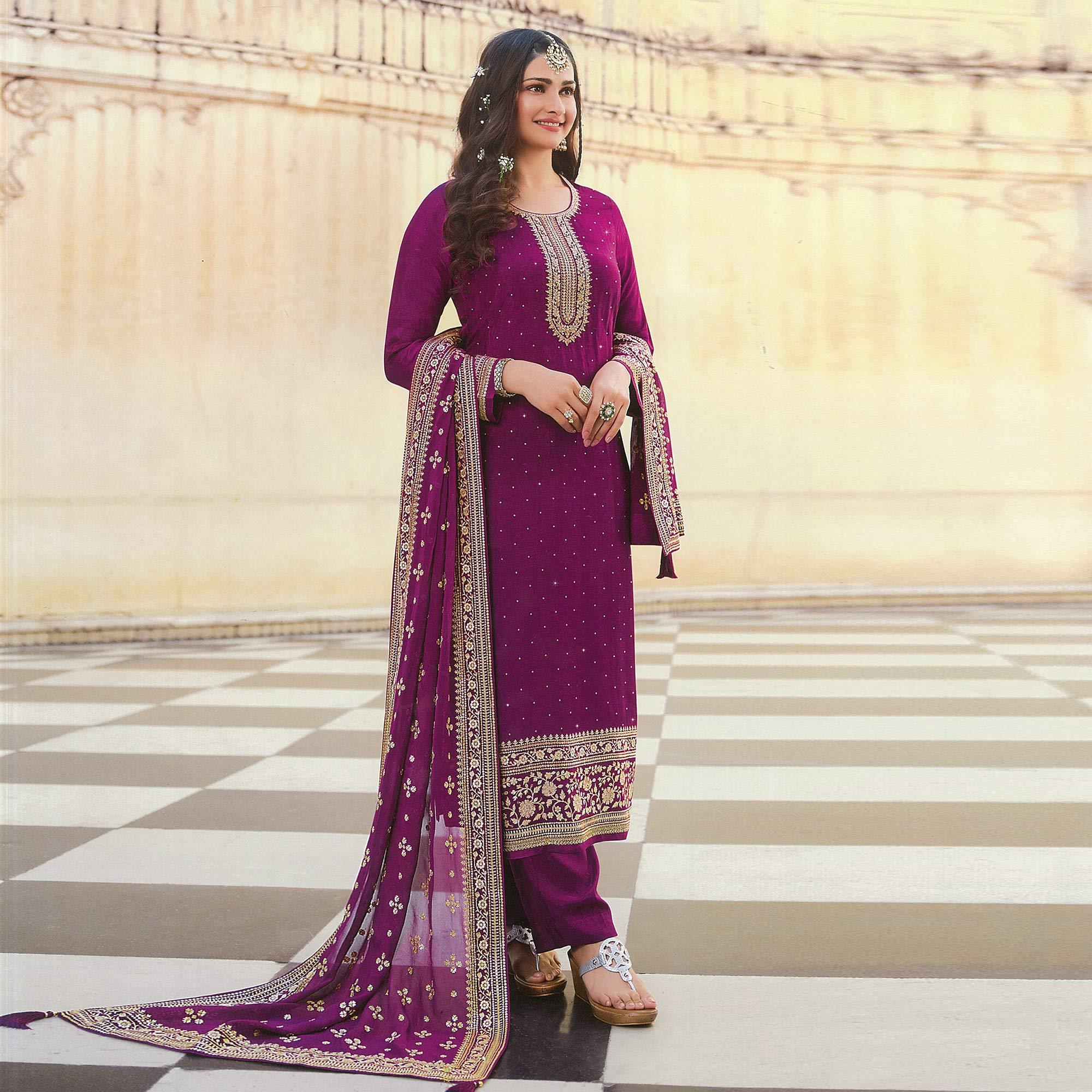 Purple Embroidered With Swarovski Work Dola Silk Salwar Suit - Peachmode