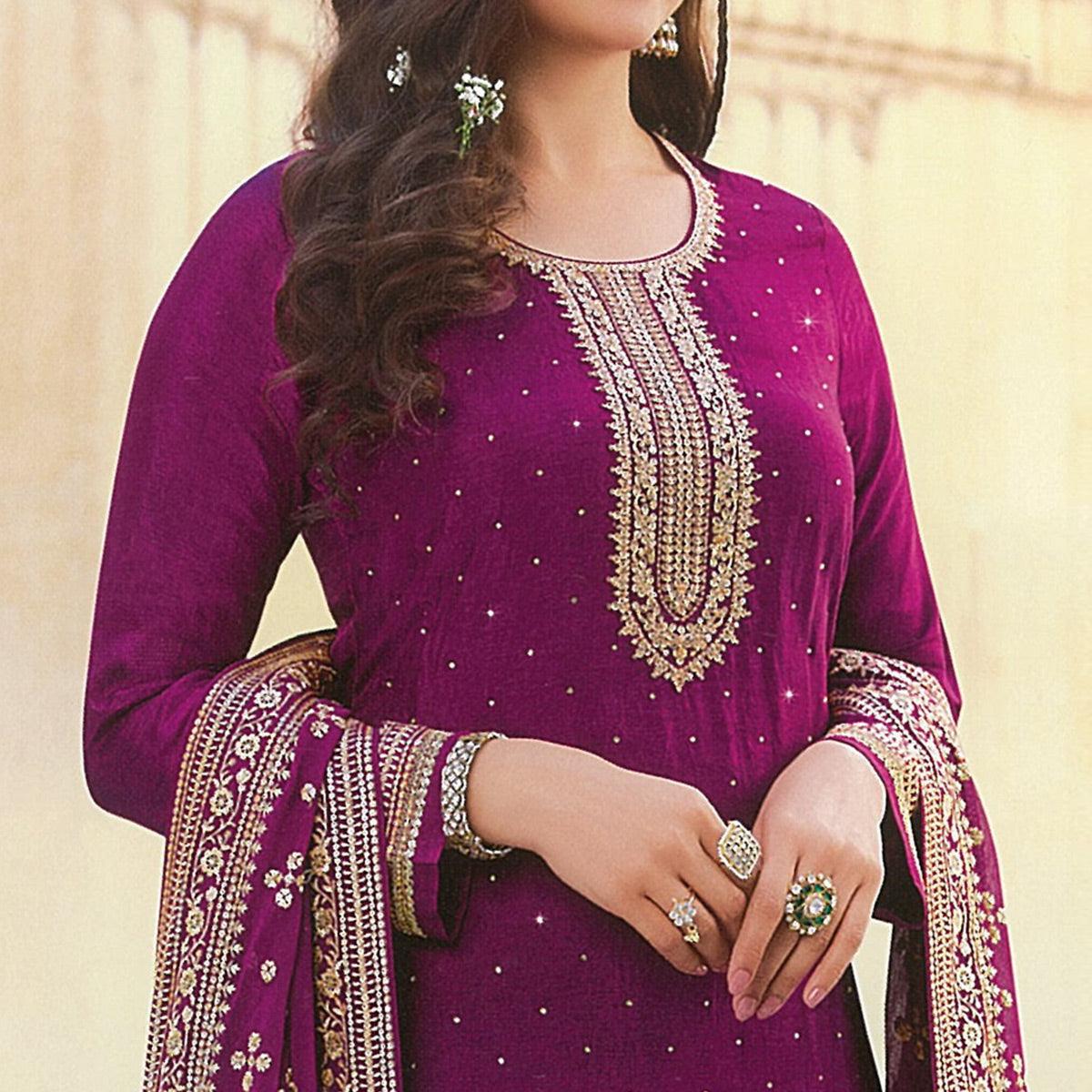 Purple Embroidered With Swarovski Work Dola Silk Salwar Suit - Peachmode