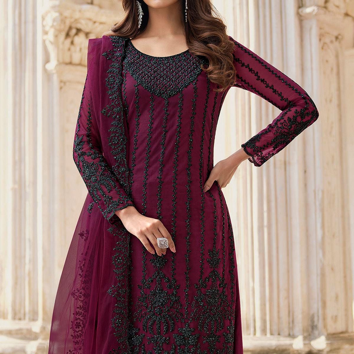 Purple Embroidery With Embellished Net Partywear Suit - Peachmode