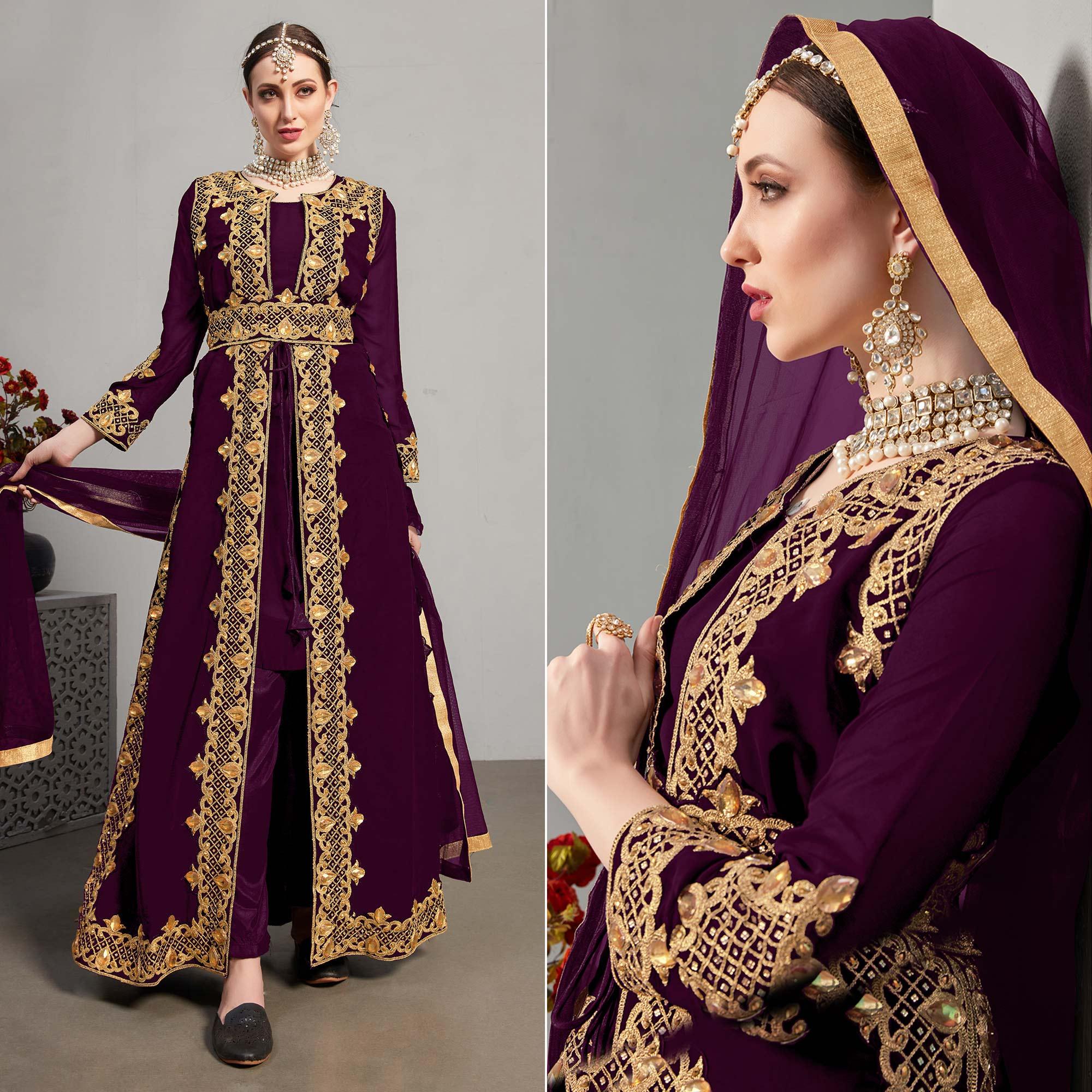 Purple Embroidery With Heavy Stonework Georgette Partywear Suit With Jacket - Peachmode