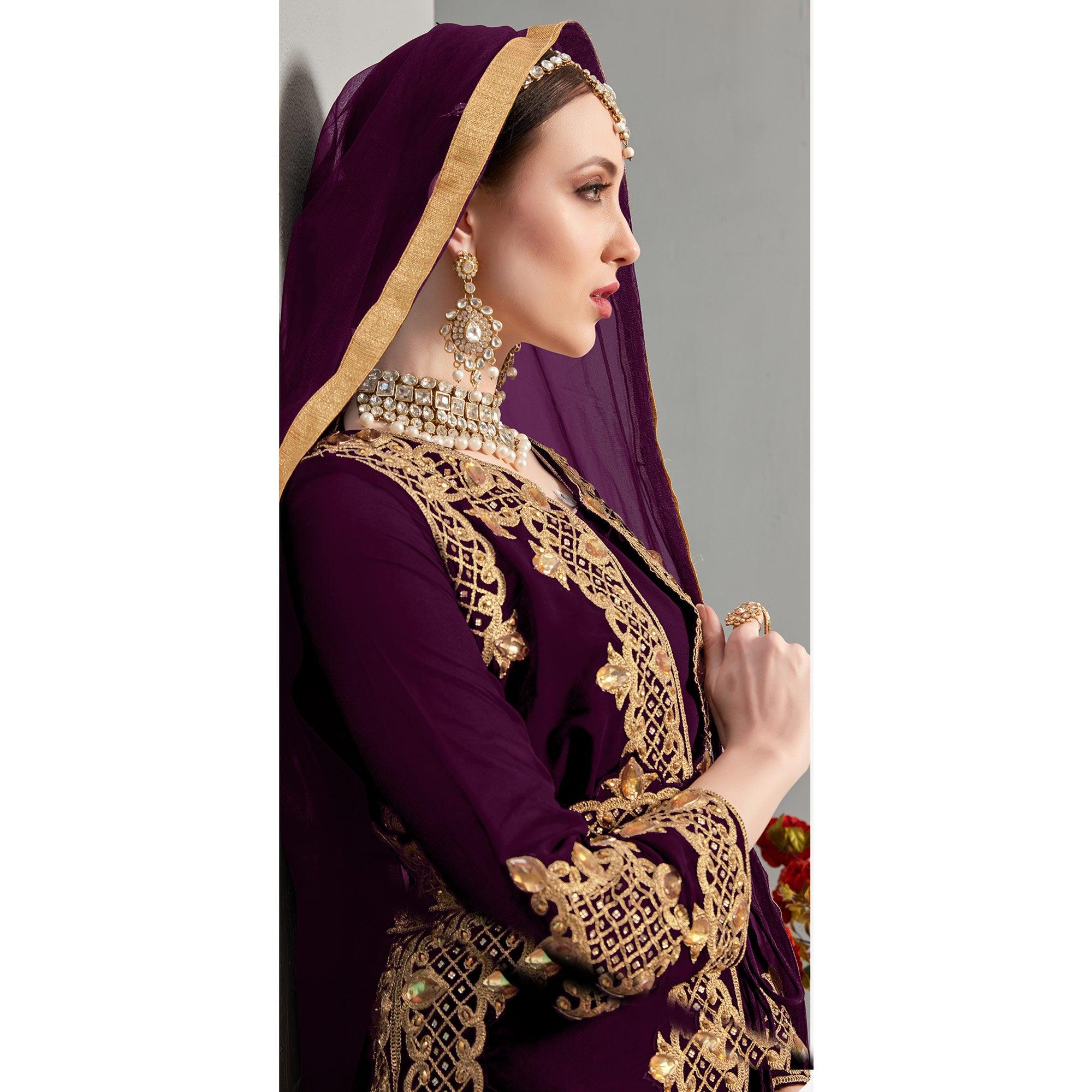 Purple Embroidery With Heavy Stonework Georgette Partywear Suit With Jacket - Peachmode