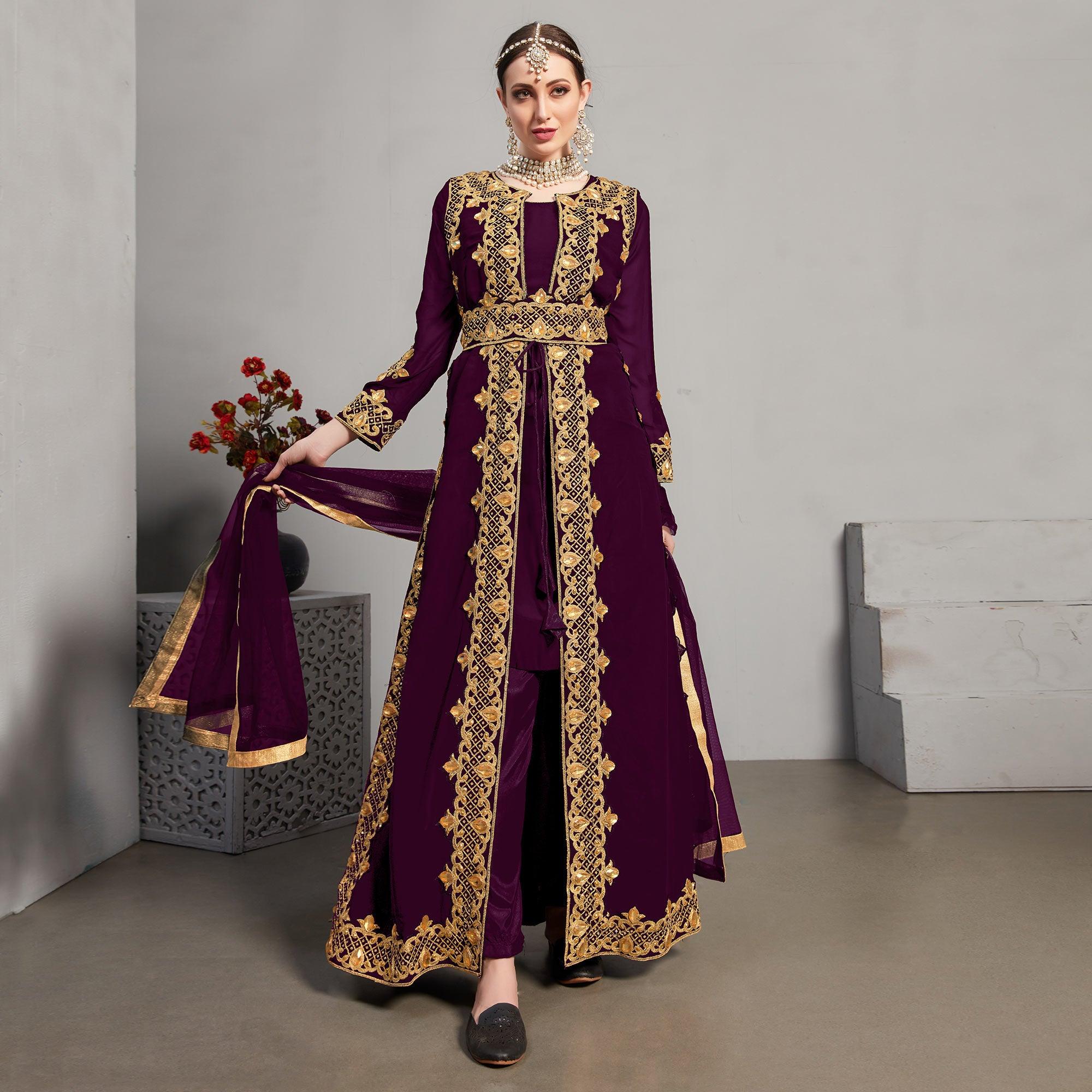 Purple Embroidery With Heavy Stonework Georgette Partywear Suit With Jacket - Peachmode