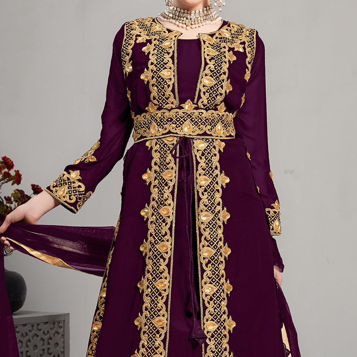 Purple Embroidery With Heavy Stonework Georgette Partywear Suit With Jacket - Peachmode