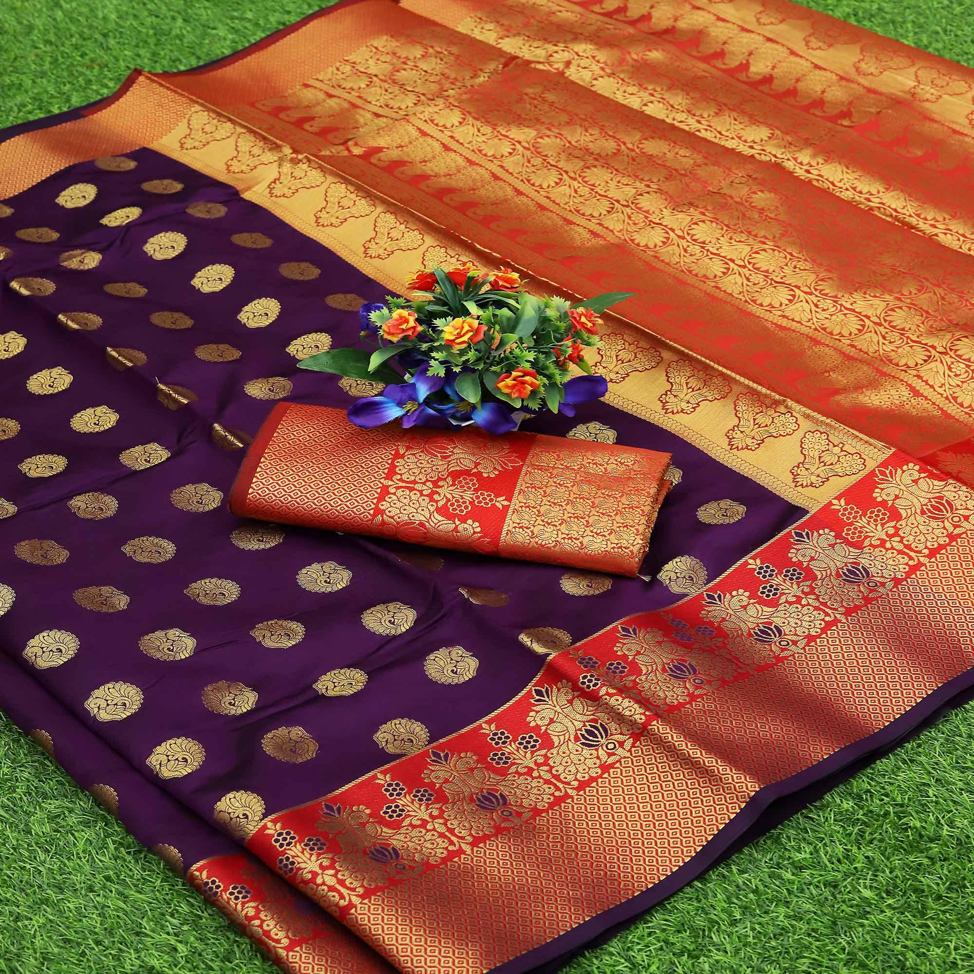 Purple Festive Embroidered Kota Banarasi Art Silk Saree - Peachmode