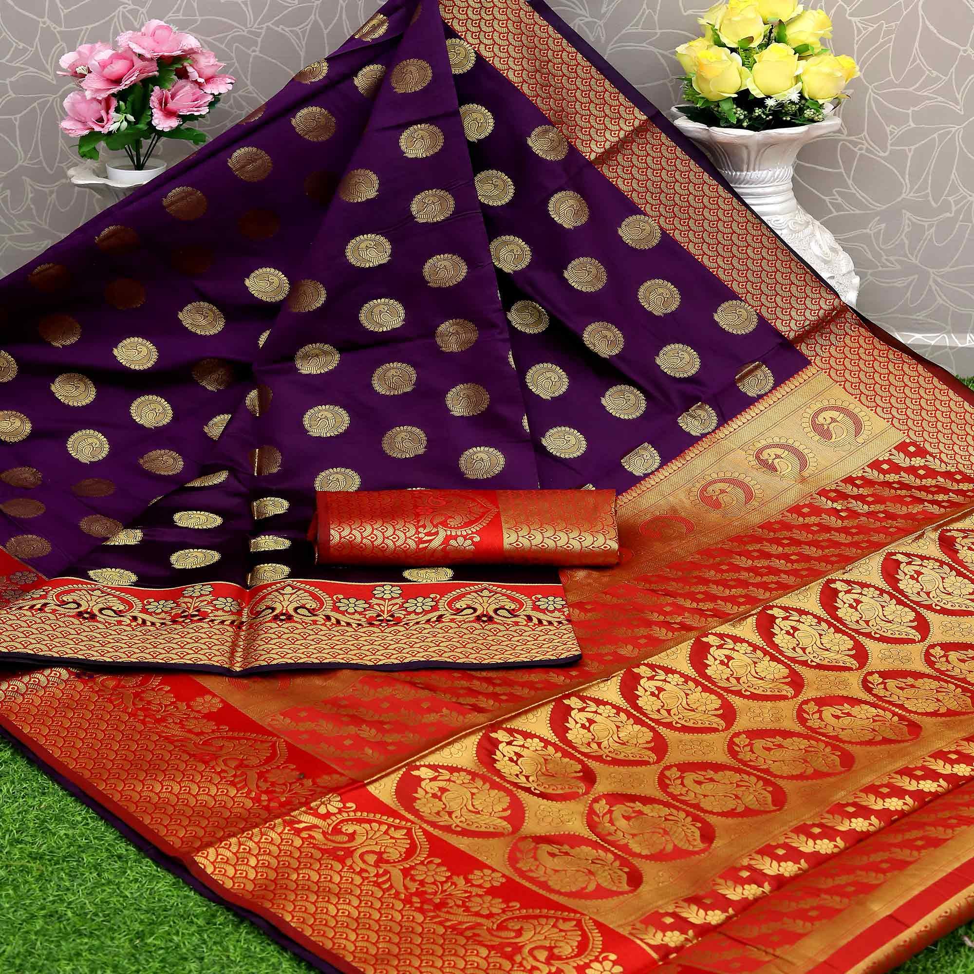Purple Festive Embroidered Kota Banarasi Art Silk Saree - Peachmode