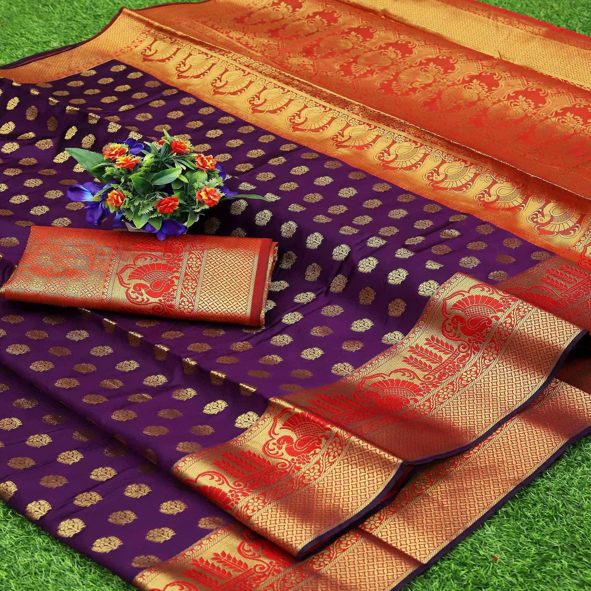 Purple Festive Embroidered Kota Banarasi Art Silk Saree - Peachmode