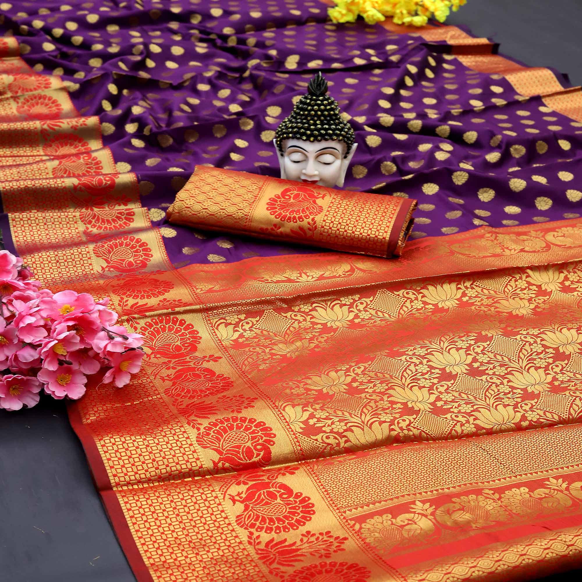 Purple Festive Embroidered Kota Banarasi Art Silk Saree - Peachmode