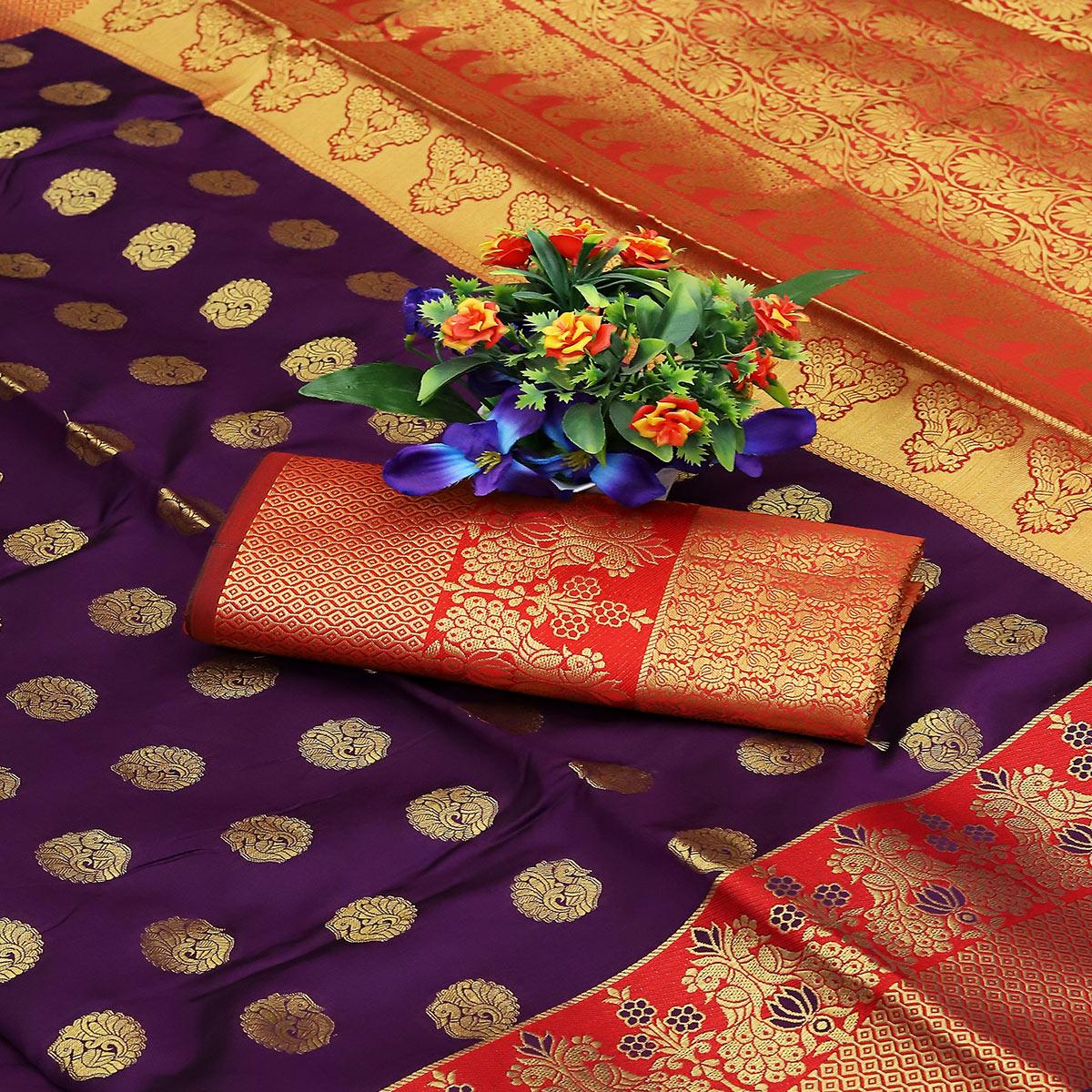 Purple Festive Embroidered Kota Banarasi Art Silk Saree - Peachmode