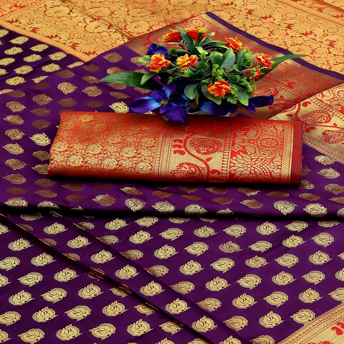 Purple Festive Embroidered Kota Banarasi Art Silk Saree - Peachmode