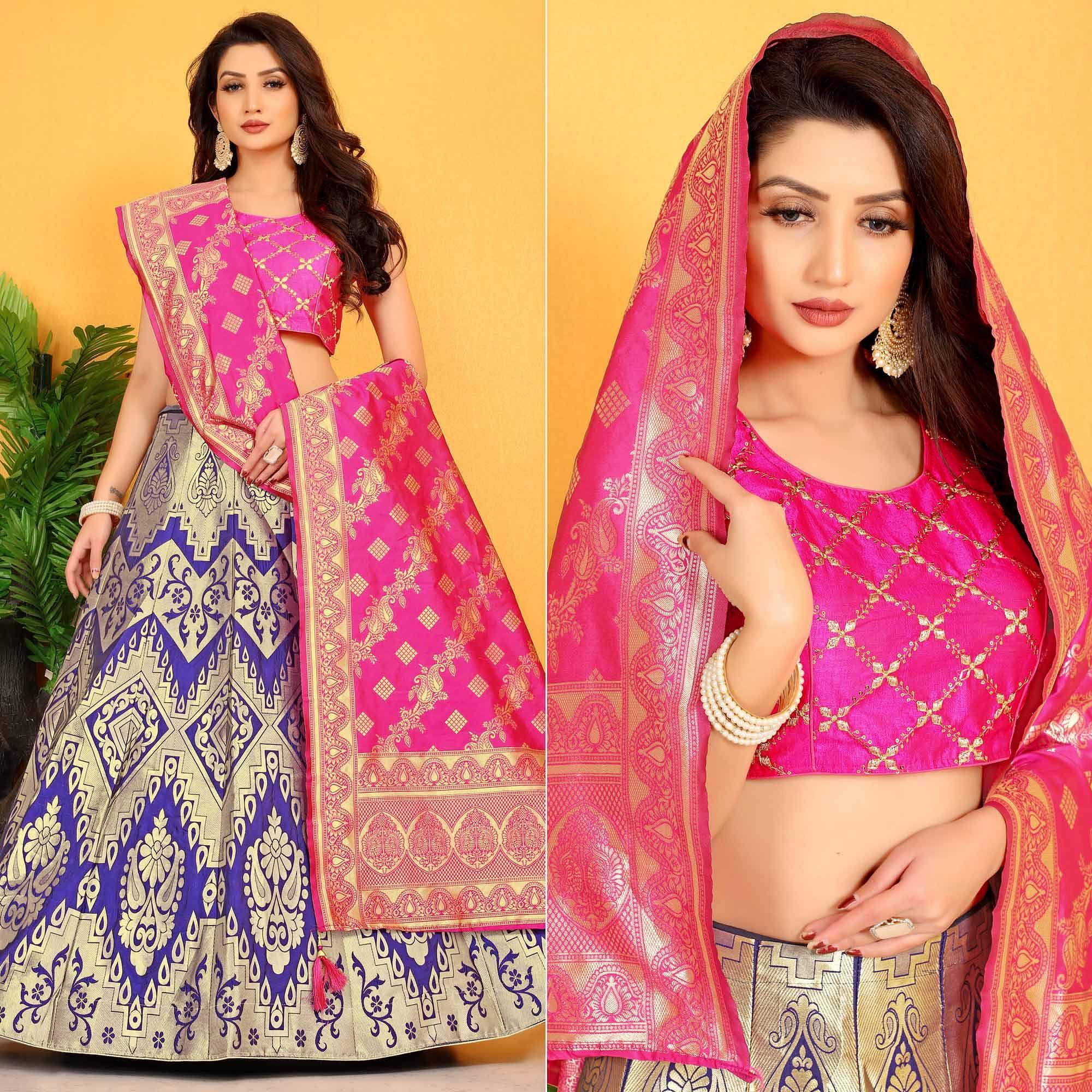 Purple Festive Wear Banarasi Meenakari Jacquard Lehenga Choli - Peachmode