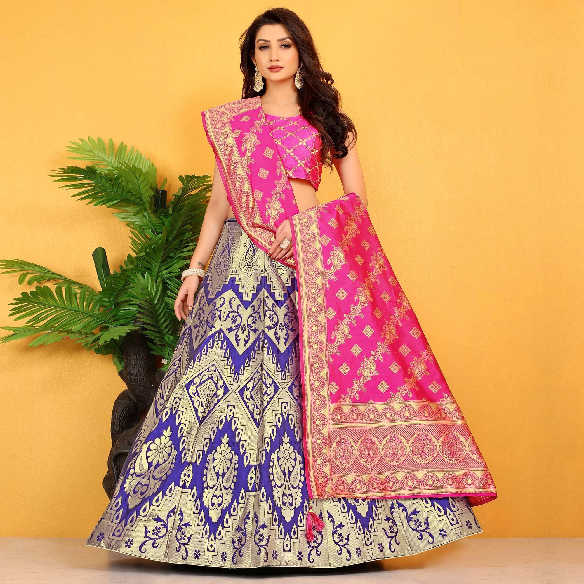 Purple Festive Wear Banarasi Meenakari Jacquard Lehenga Choli - Peachmode