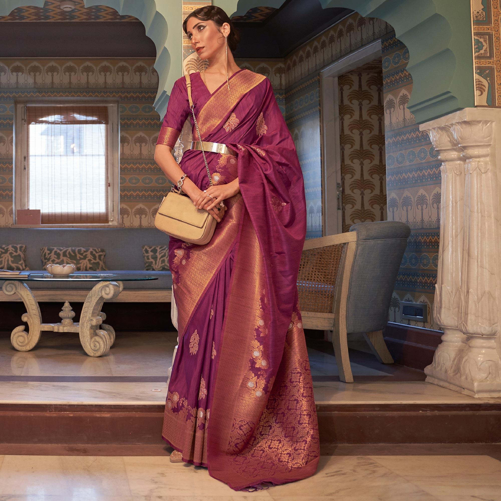 Purple Festive Wear Copper Zari Weaving Tussar Silk Saree With Tassels - Peachmode