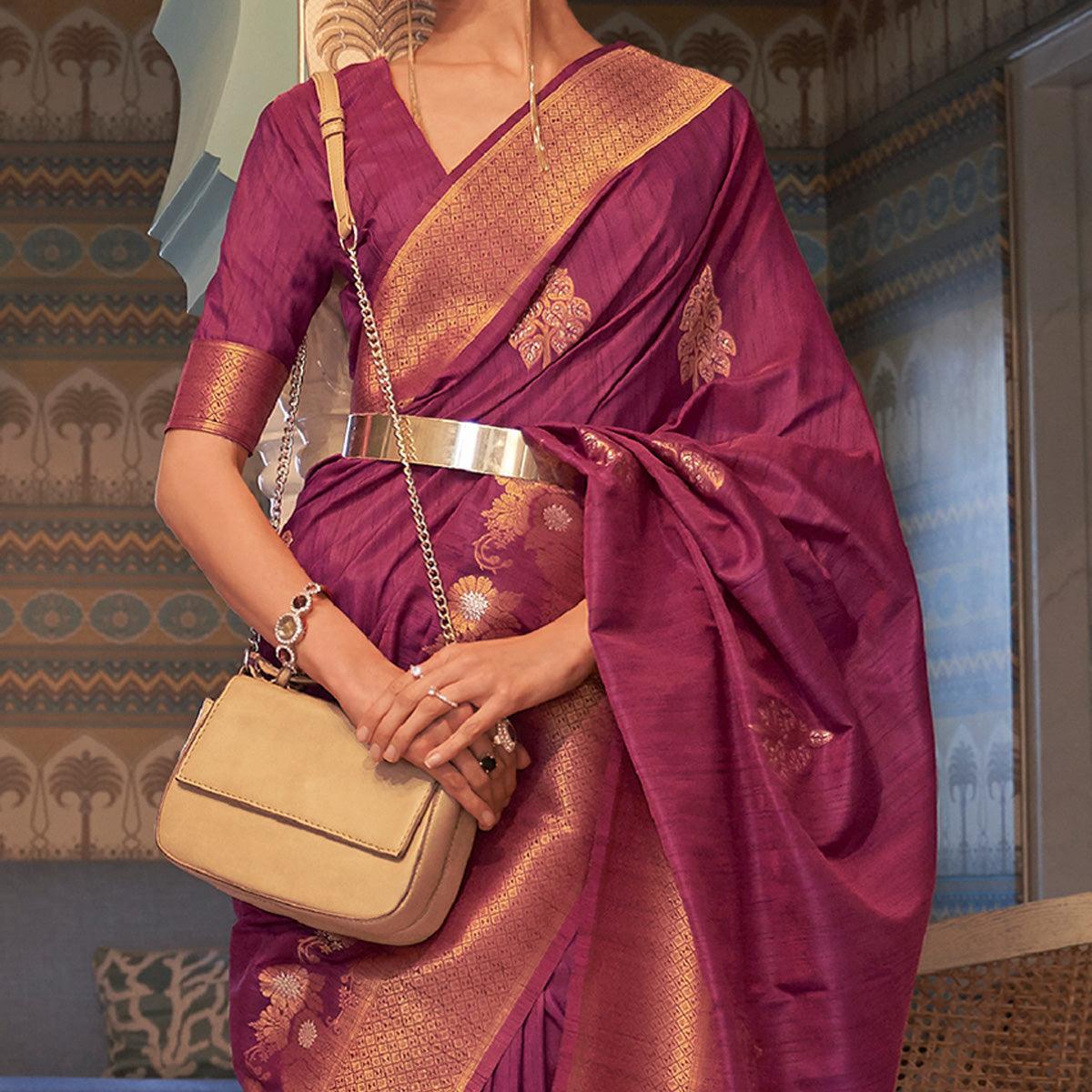 Purple Festive Wear Copper Zari Weaving Tussar Silk Saree With Tassels - Peachmode