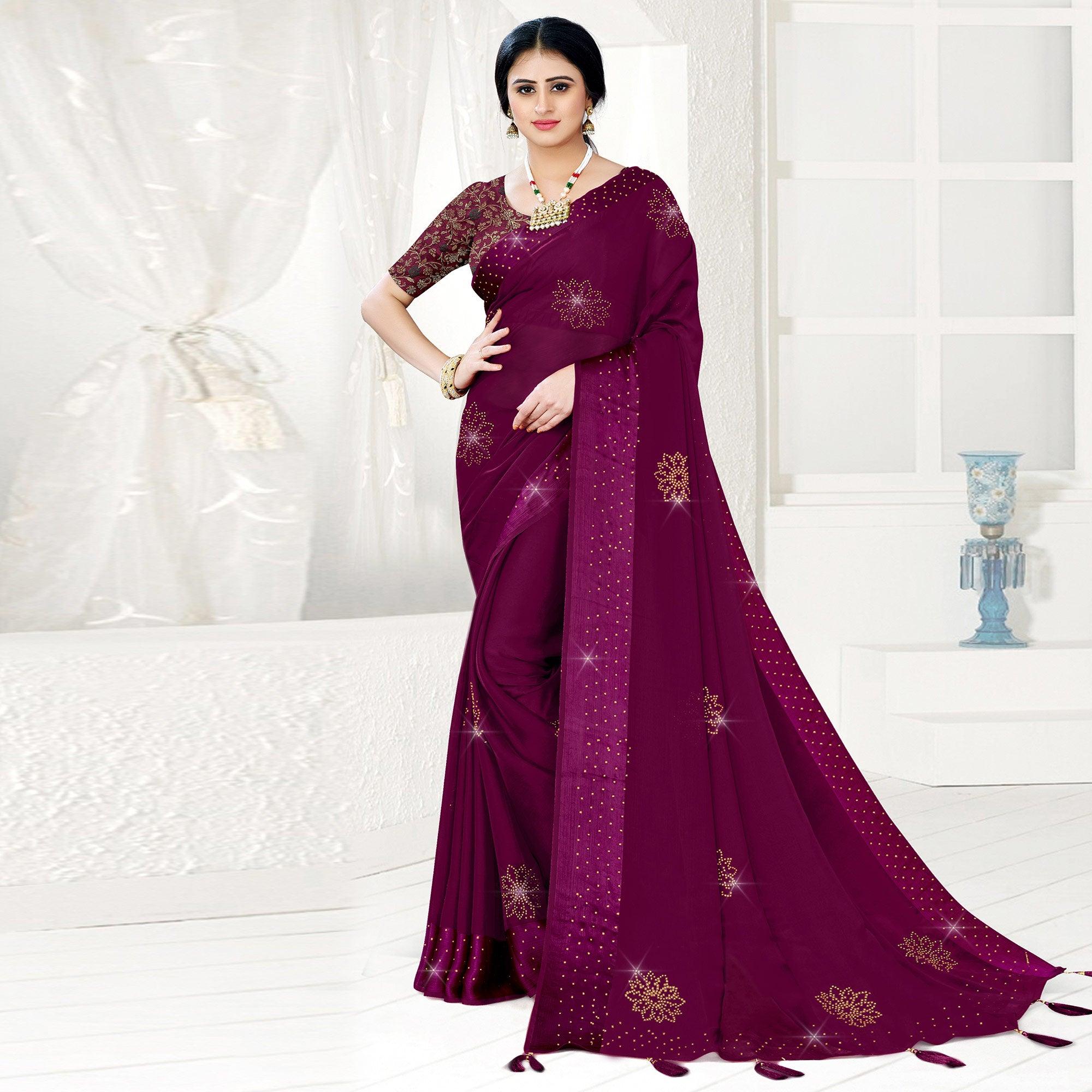 Purple Festive Wear Diamond And Swarovski Soft Chiffon-Satin Saree - Peachmode