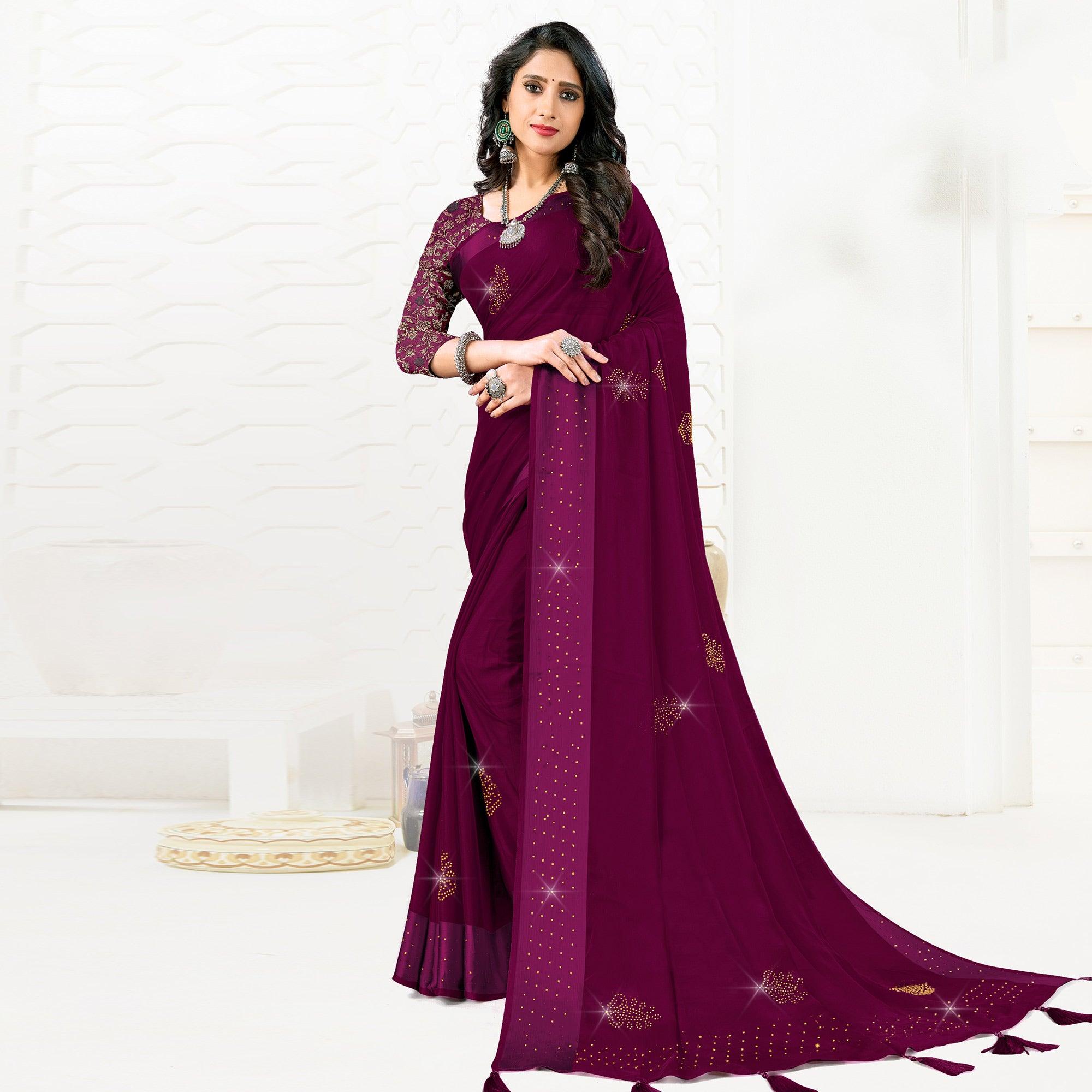 Purple Festive Wear Diamond And Swarovski Soft Chiffon-Satin Saree - Peachmode