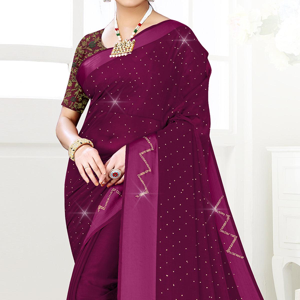 Purple Festive Wear Diamond And Swarovski Soft Chiffon-Satin Saree - Peachmode
