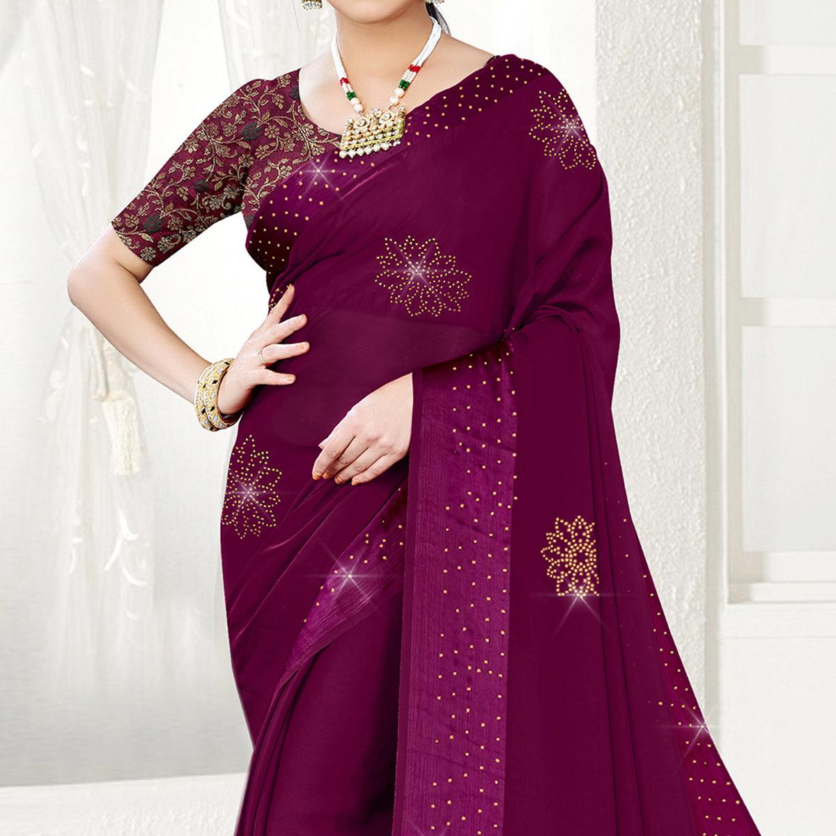 Purple Festive Wear Diamond And Swarovski Soft Chiffon-Satin Saree - Peachmode
