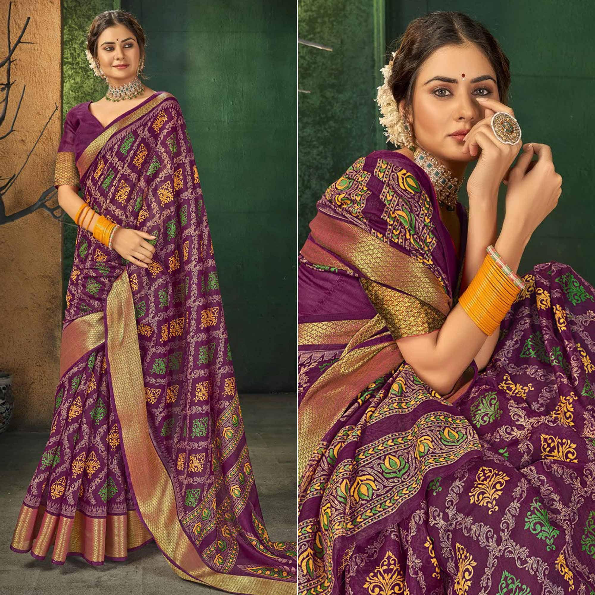 Purple Festive Wear Digital Printed Cotton Saree - Peachmode