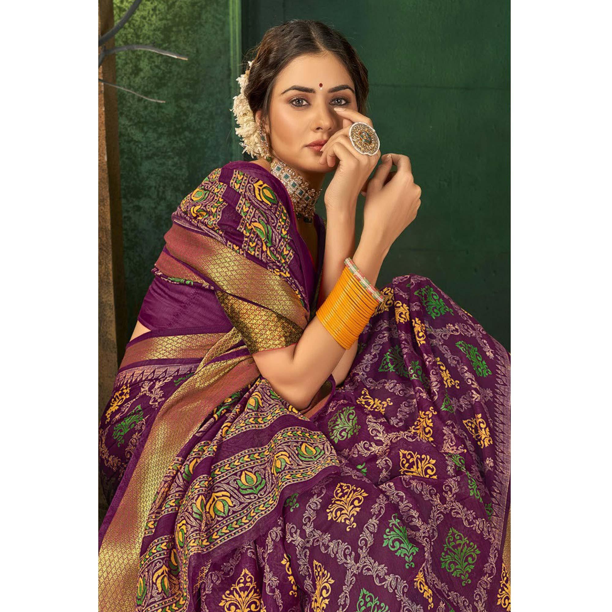 Purple Festive Wear Digital Printed Cotton Saree - Peachmode