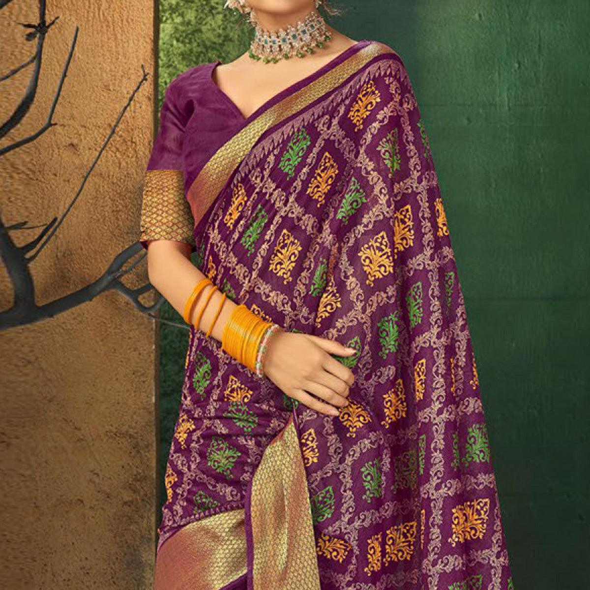 Purple Festive Wear Digital Printed Cotton Saree - Peachmode