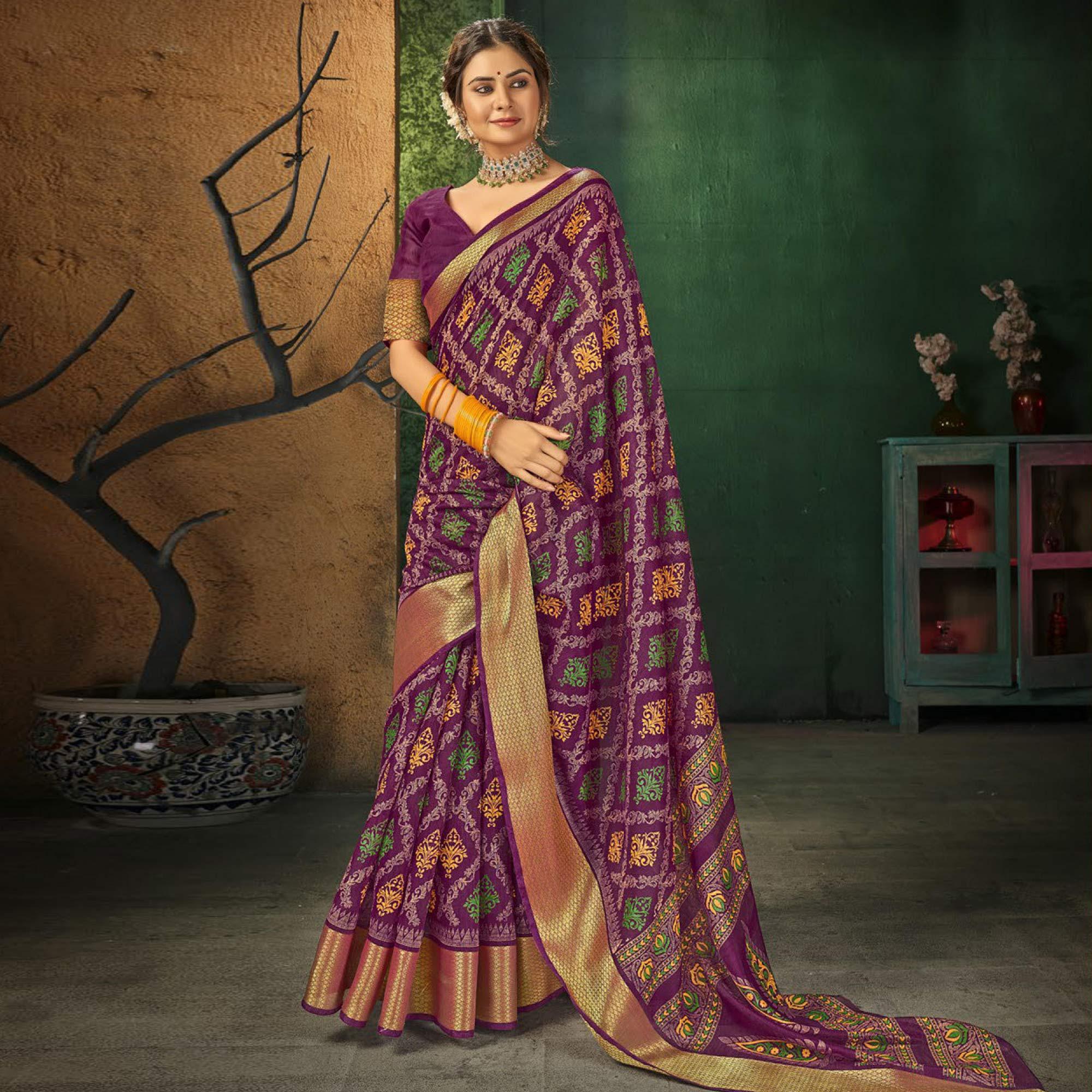 Purple Festive Wear Digital Printed Cotton Saree - Peachmode