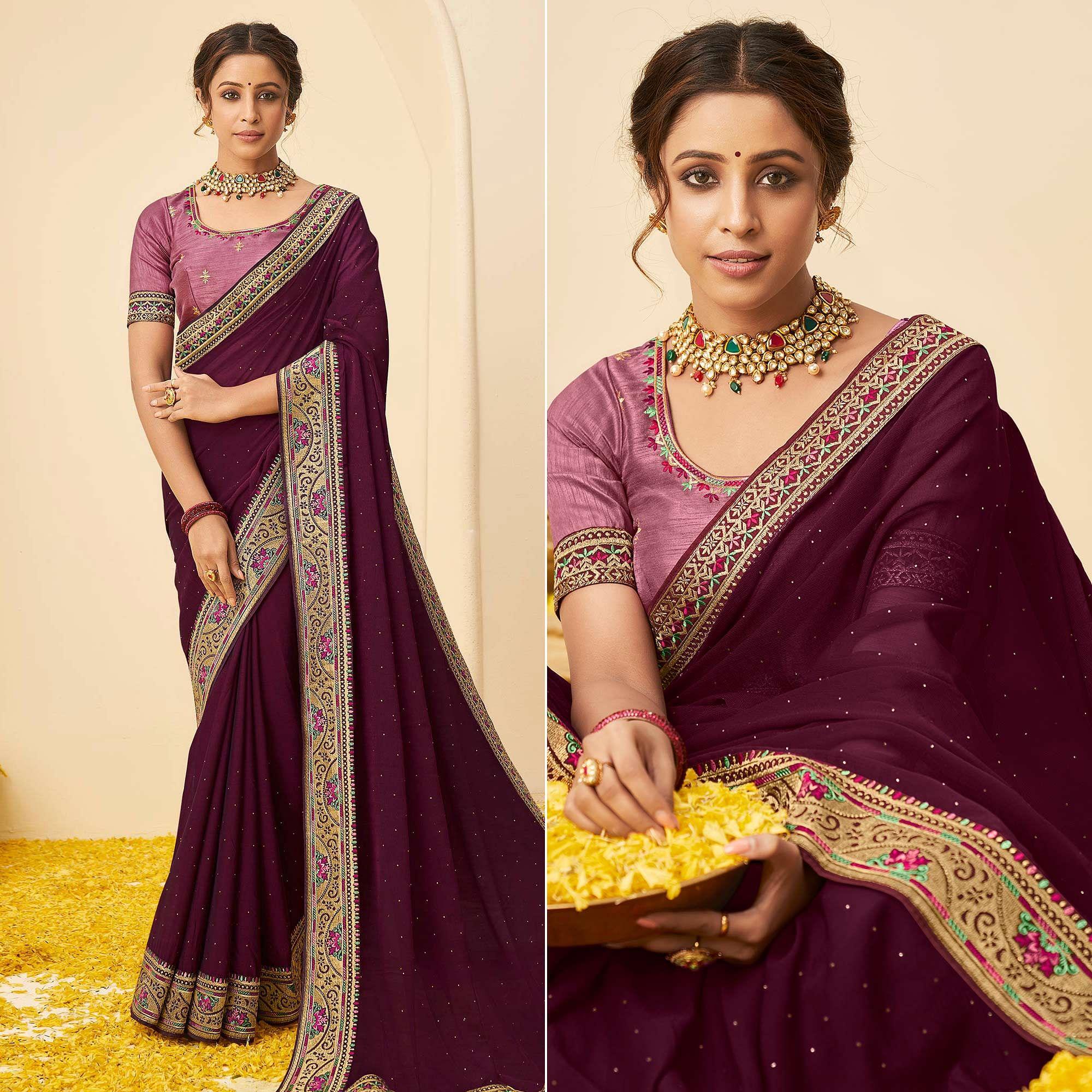 Purple Festive Wear Embellished Chiffon Saree With Heavy Lace - Peachmode