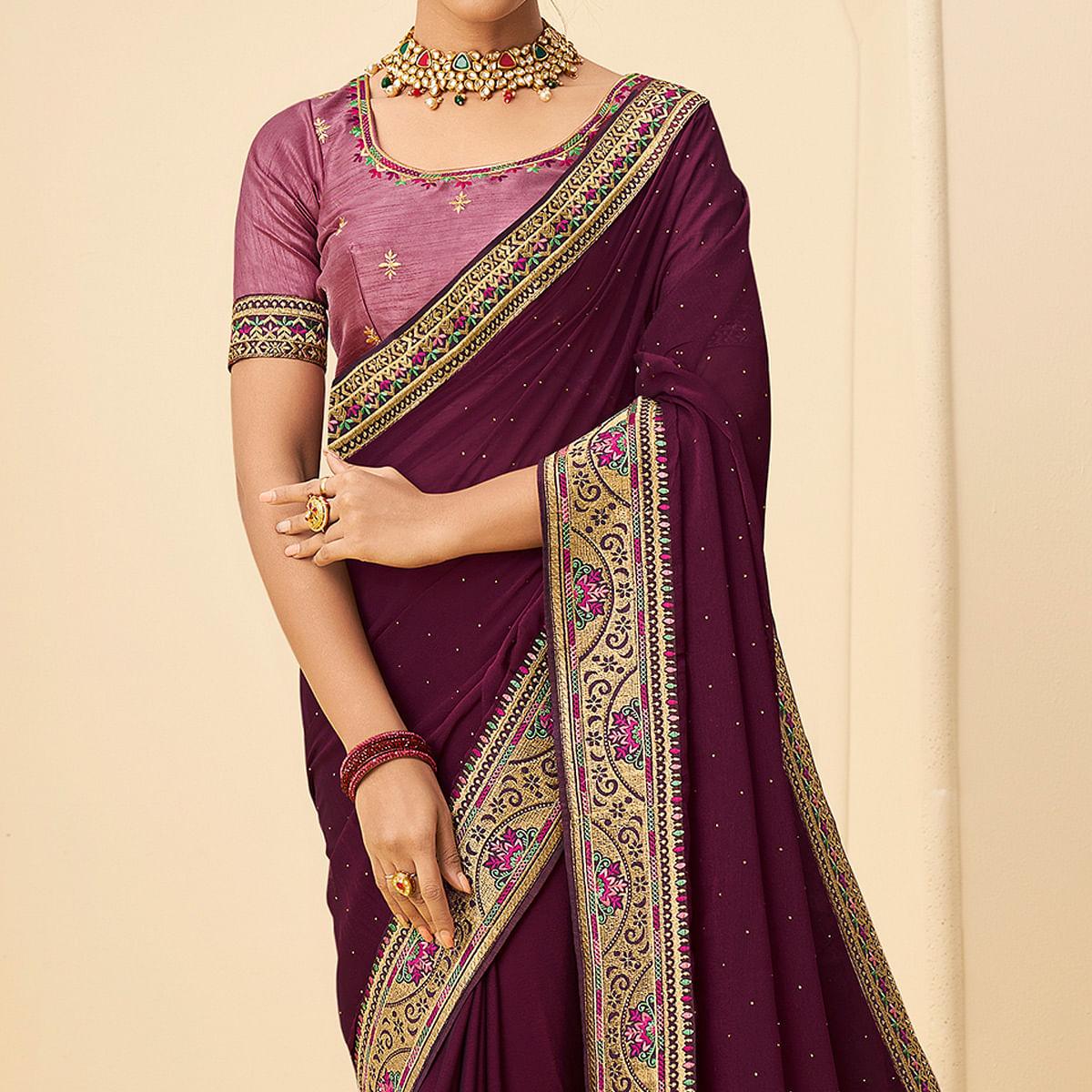 Purple Festive Wear Embellished Chiffon Saree With Heavy Lace - Peachmode