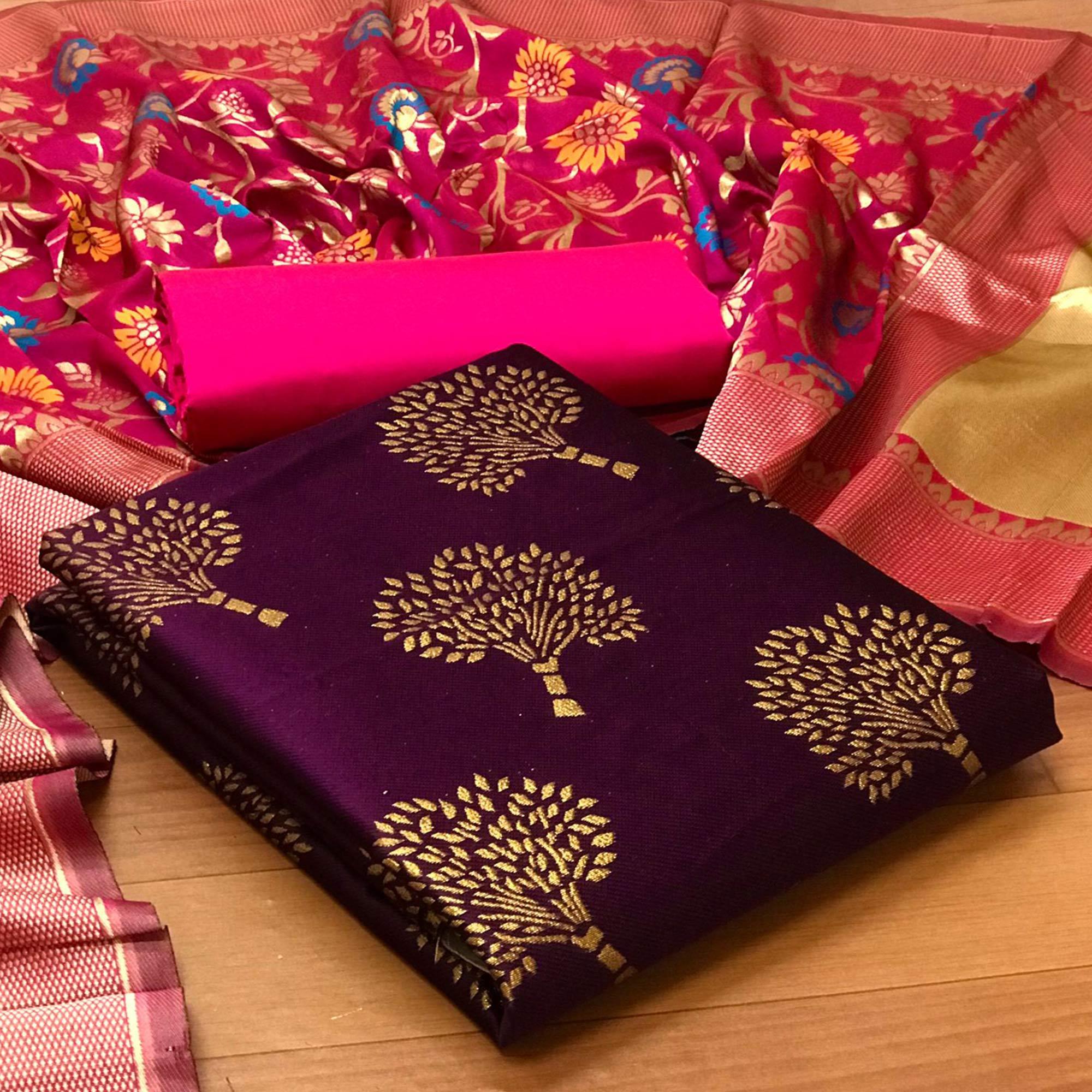 Purple Festive Wear Embroidered Banarasi Silk Dress Material - Peachmode