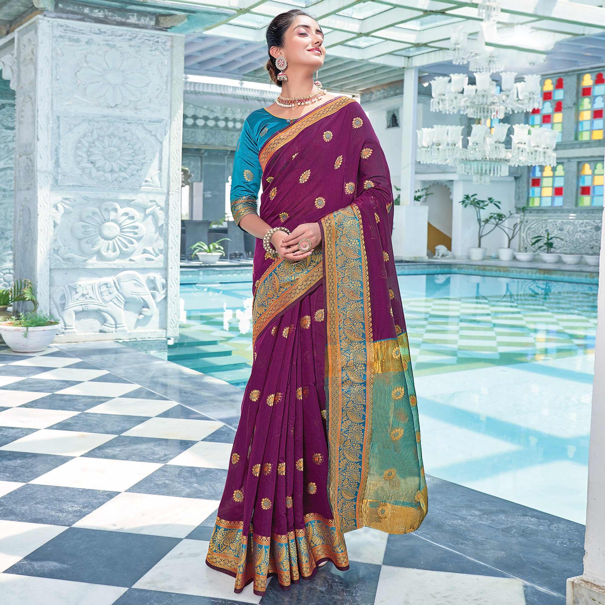 Purple Festive Wear Embroidered Cotton Saree - Peachmode