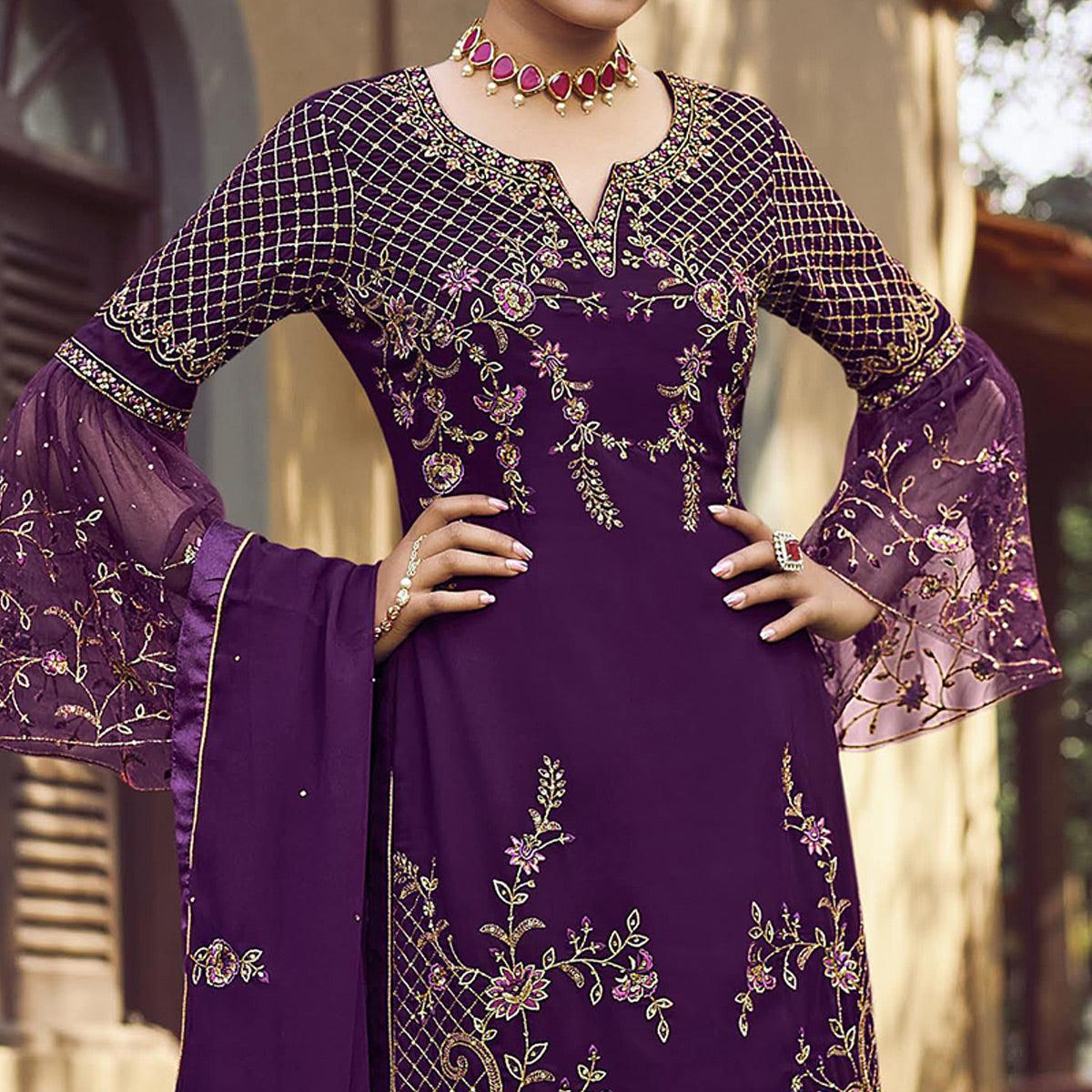 Purple Festive Wear Embroidered Faux Georgette Straight Style Palazzo Suit - Peachmode