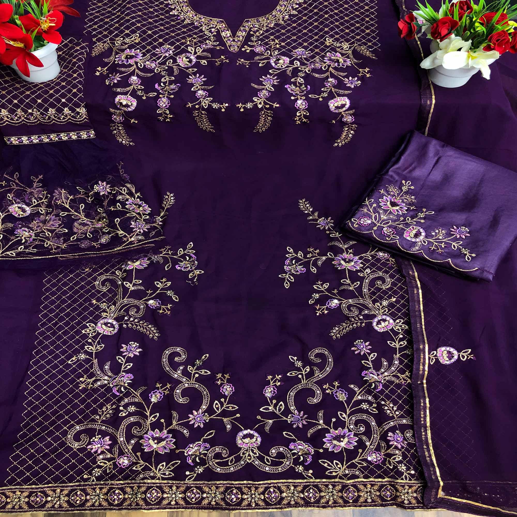 Purple Festive Wear Embroidered Faux Georgette Straight Style Palazzo Suit - Peachmode